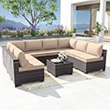 Kurapika 9 Pieces Patio Furniture Set, Rattan Wicker Outdoor Conversation Sets w/4 Inch Cushion and Glass Coffee Table(Sand)