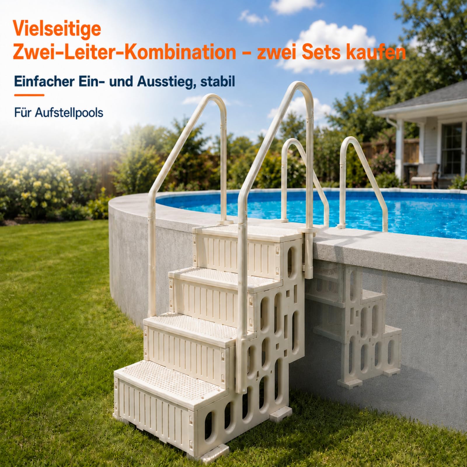 Poolleiter 4-stufig, Weiße HDPE Pooltreppe mit Doppelhandlauf und rutschfest, Maximale 180 kg Tragkraft für Aufstellpool 122–137 cm, Gartenpool, Eingelassene Pools, Familien & Senioren