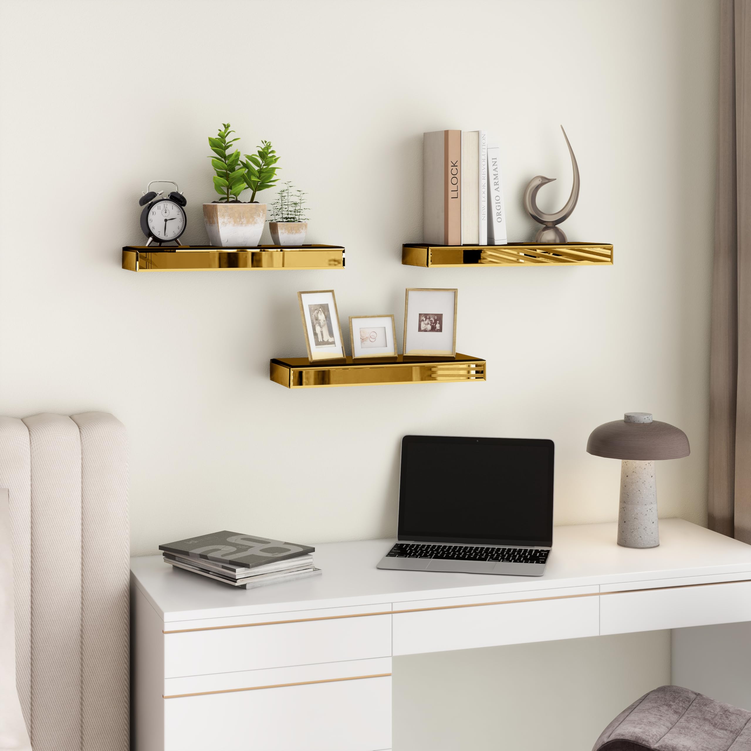 SHYFOY Floating Shelves for Wall, Glass Finish Shelves Set of 3
