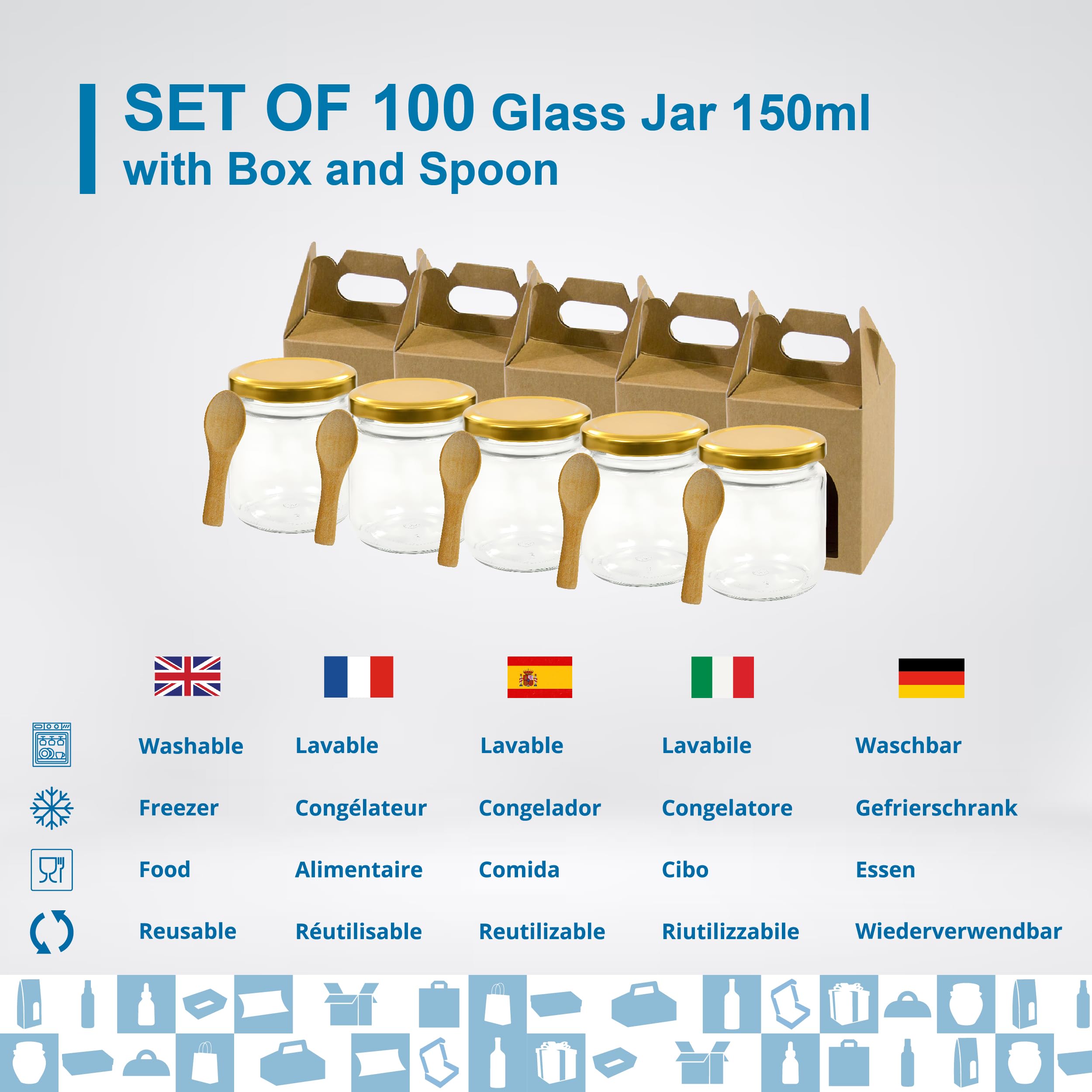 Espirito Rebelde - Tarros de cristal vacías con tapa de 150 ml con 100 hojas de cartón para 1 tarro de mermelada y cuchara para mermeladas, conservas, miel- Regalos de boda