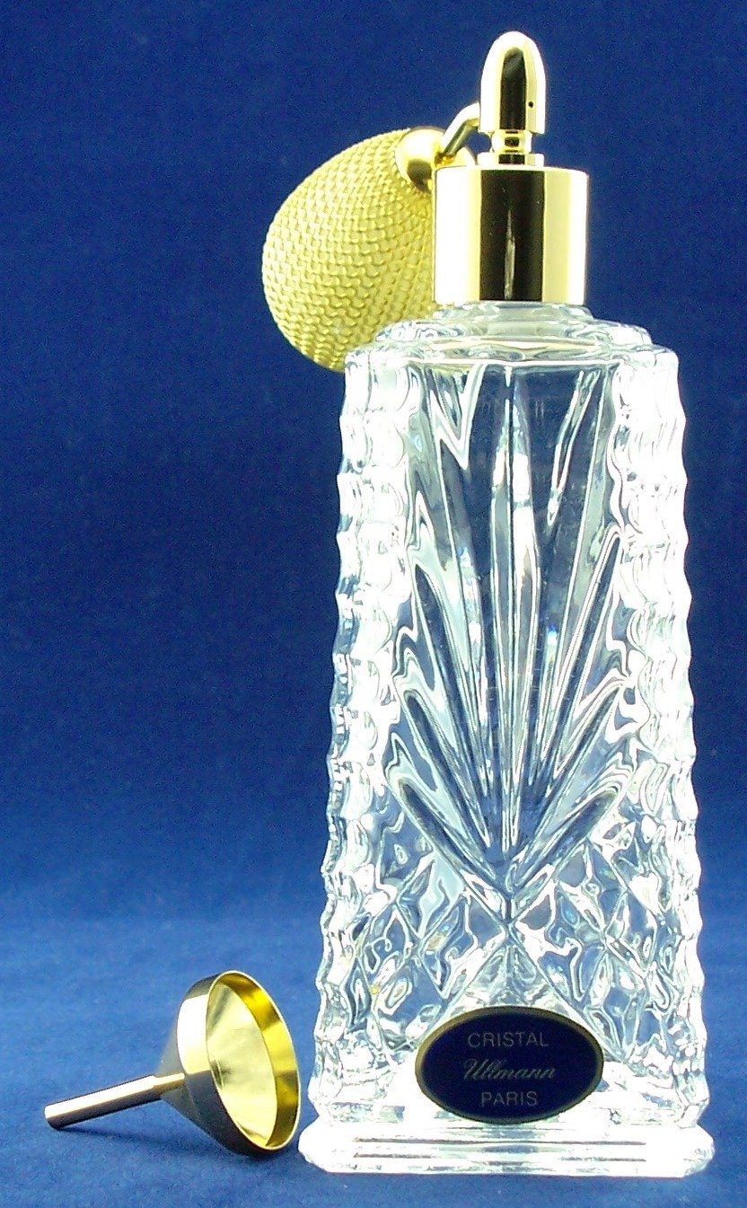 Flacon vaporisateur triangulaire en cristal taillé et son pompon bleu