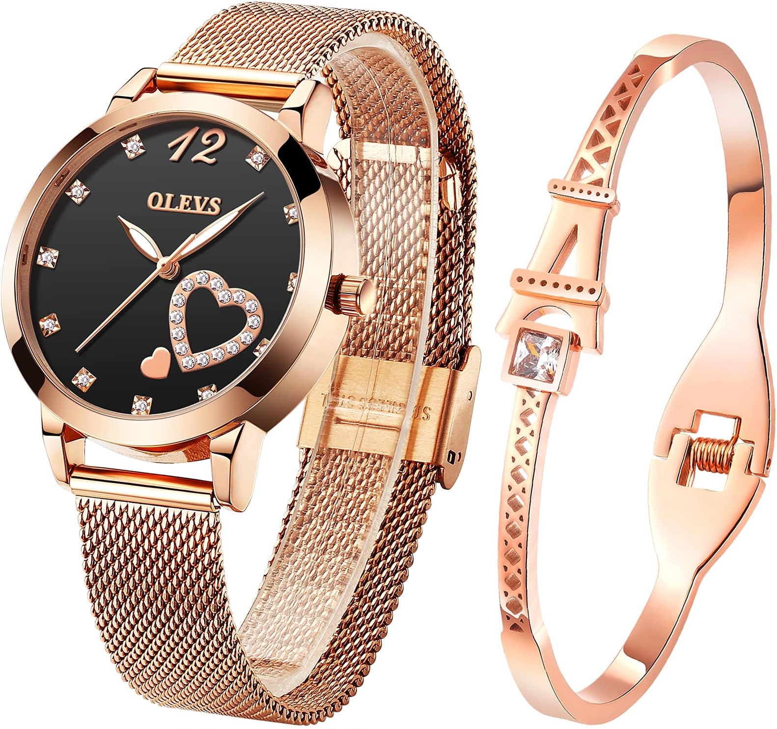 OLEVS Womens Watch Gifts Set with Bracelet Rose Gold for Lady Female Minimalist