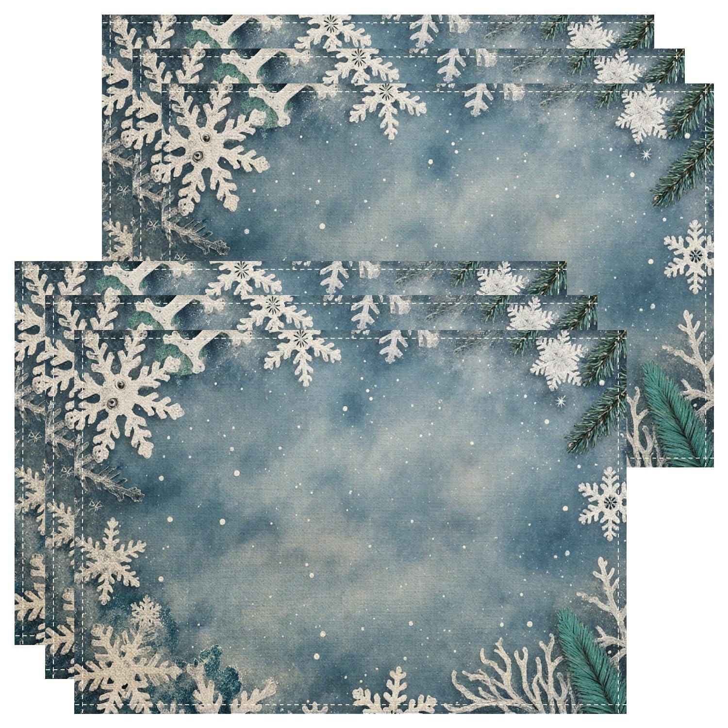Winter Snowflake Placemats, Blue Rustic Floral Place Mats for Dining Table, Holiday Non-Slip Washable Indoor Outdoor Kitchen Party Decorative Placemat Set of 6