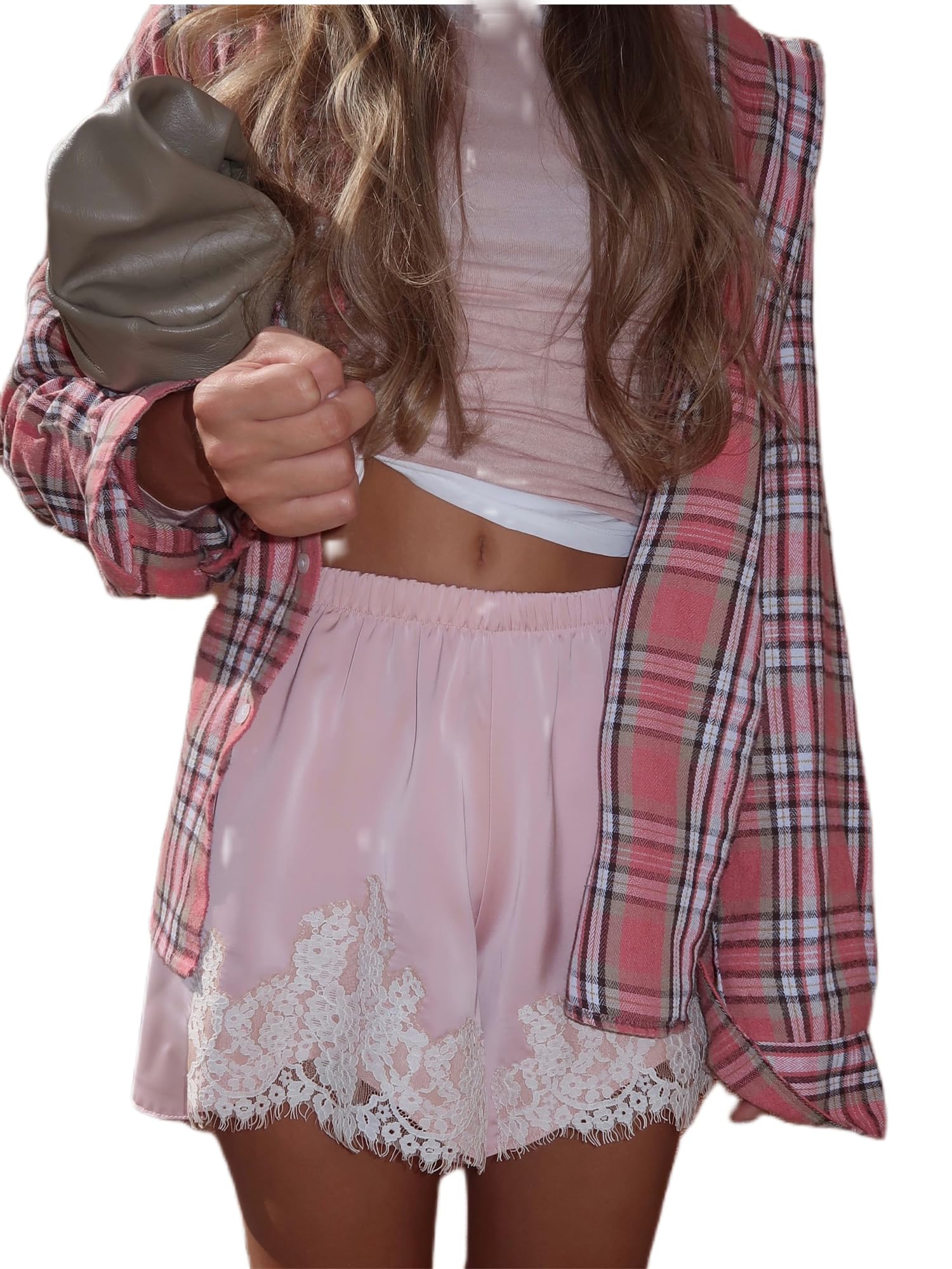 YILEEGOO Boho Women Lace Trim Satin Shorts Elastic Waist Micro Shorts Pettipants Half Slip French Knickers Boyshorts Underwear Lounge Pants Pajamas Bottoms (Pink, S)
