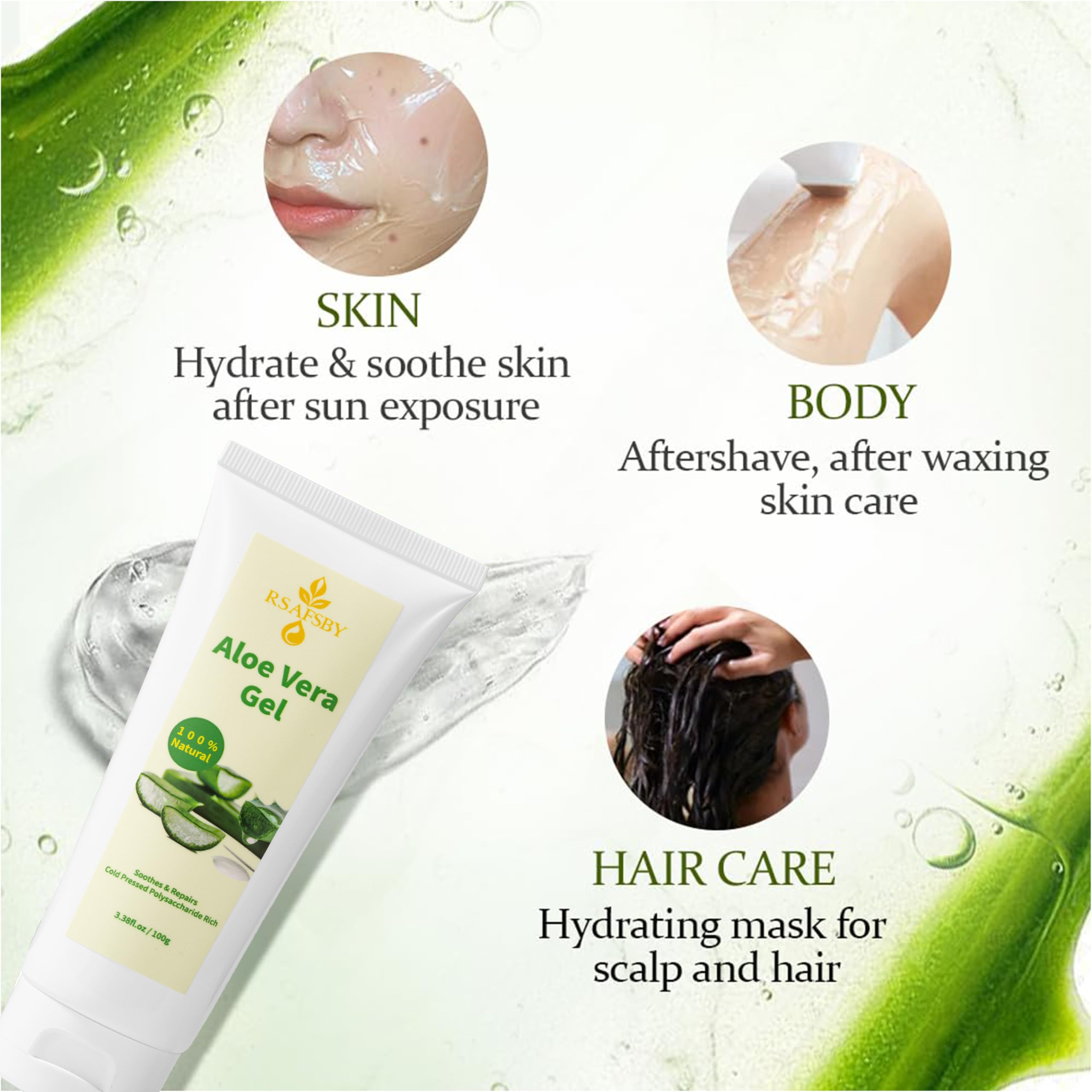 100% Natural Aloe Vera Gel for Face Body & Hair, 100g Cold Pressed, Soothing, Hydrating & Repairing, Relieves Dry Skin - Image 2