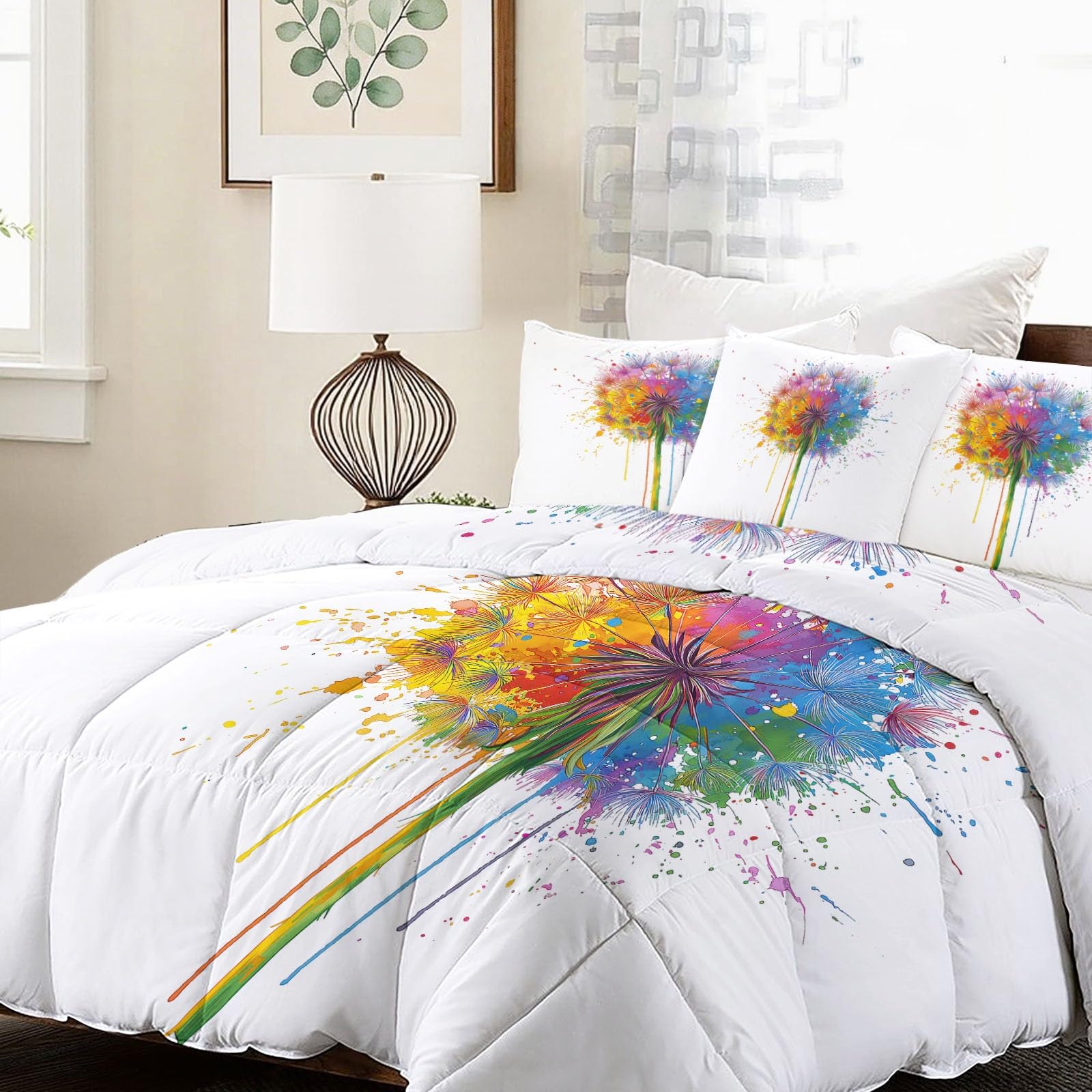 Kołdra w stylu bajecznym stylu, 155 x 220 cm, całoroczna, na 4 pory roku, rośliny, tęcza, dmuchawiec, pikowana – przyjazna dla skóry, poszewka na poduszkę z 2 poszewkami na poduszki 80 x 80 cm
