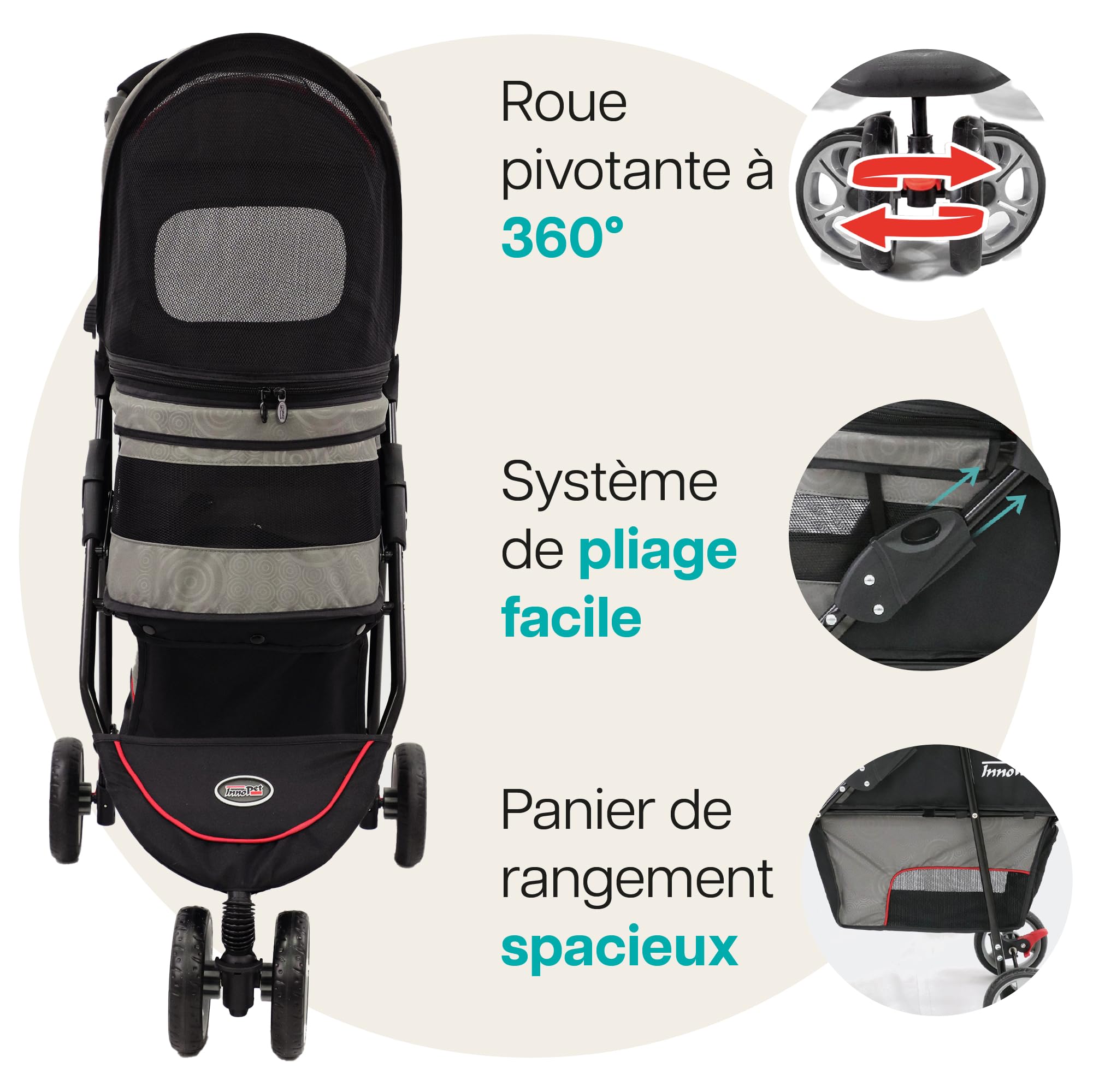Poussette légère Innopet Avenue pour chiens et chats, gris/rouge - Poussette urbaine compacte pour animaux de compagnie avec housse de pluie, sangles de sécurité et panier de rangement