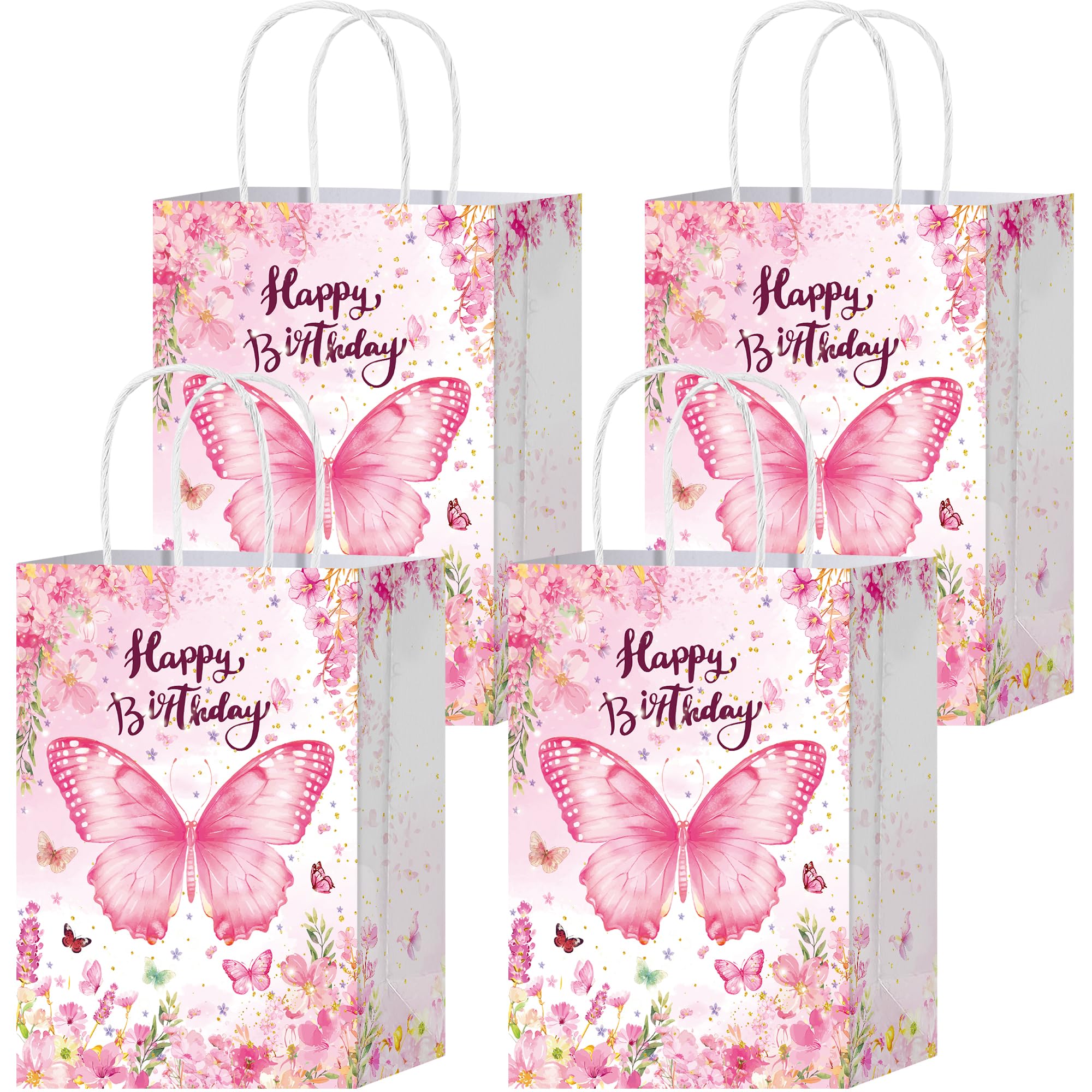 HongXingHai 16Pcs Butterfly Party Favors Gift Goodie Bags Pink Purple Flowers Treat Candy Small Floral Paper Bags with Handles for Kids Birthday Party