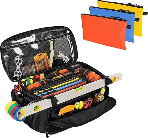 Bolsa de herramientas de 17 pulgadas con 3 bolsas de herramientas, organizador de almacenamiento de herramientas para hombres con parte inferior