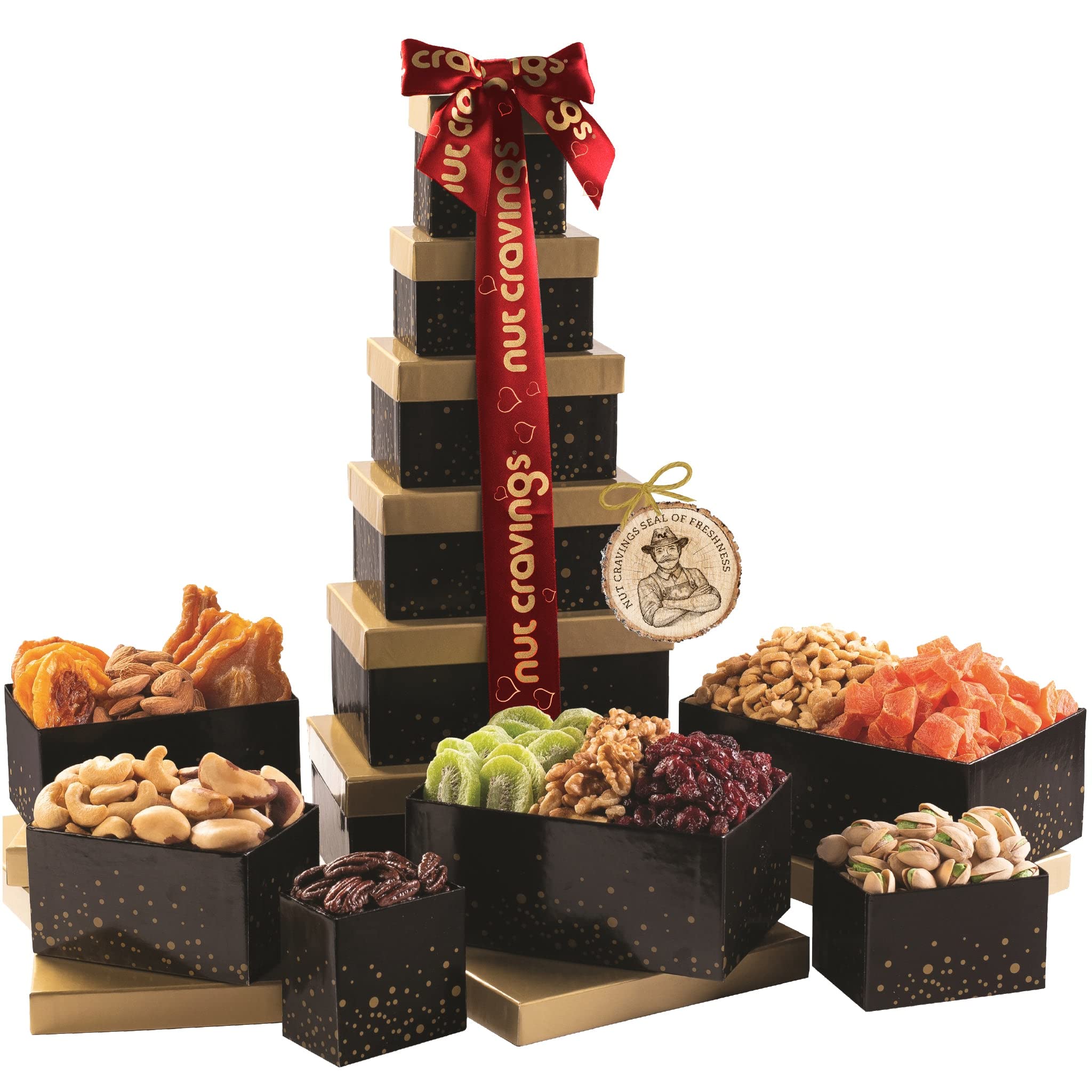 Dried Fruit & Nuts Gift Basket Black Tower + Red Ribbon (12 Piece Assortment) Premade Easter