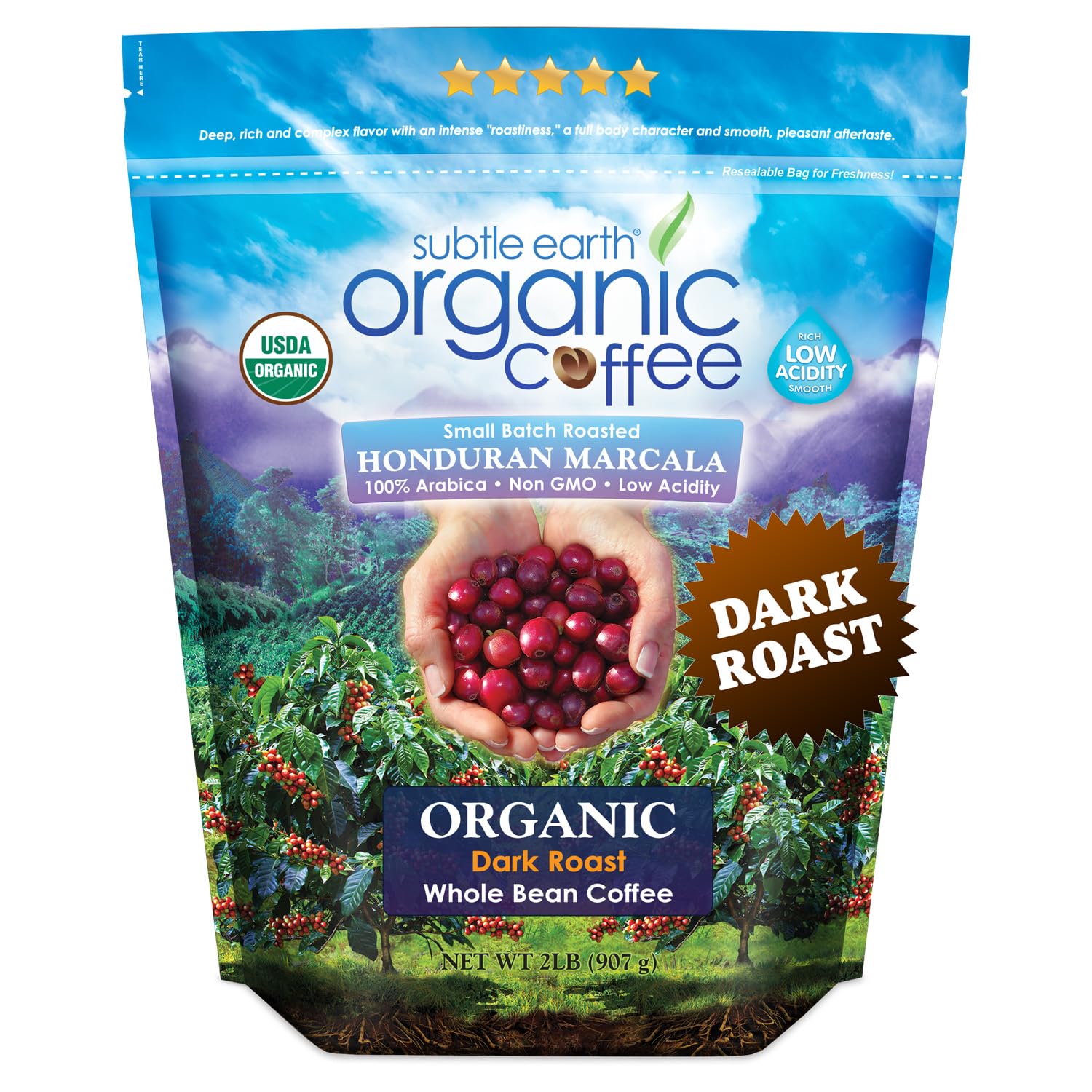 2LB Subtle Earth Organic Coffee - Dark Roast - Whole Bean Coffee - 100% Arabica Beans - Low Acidity and Non-GMO - 2lb bag