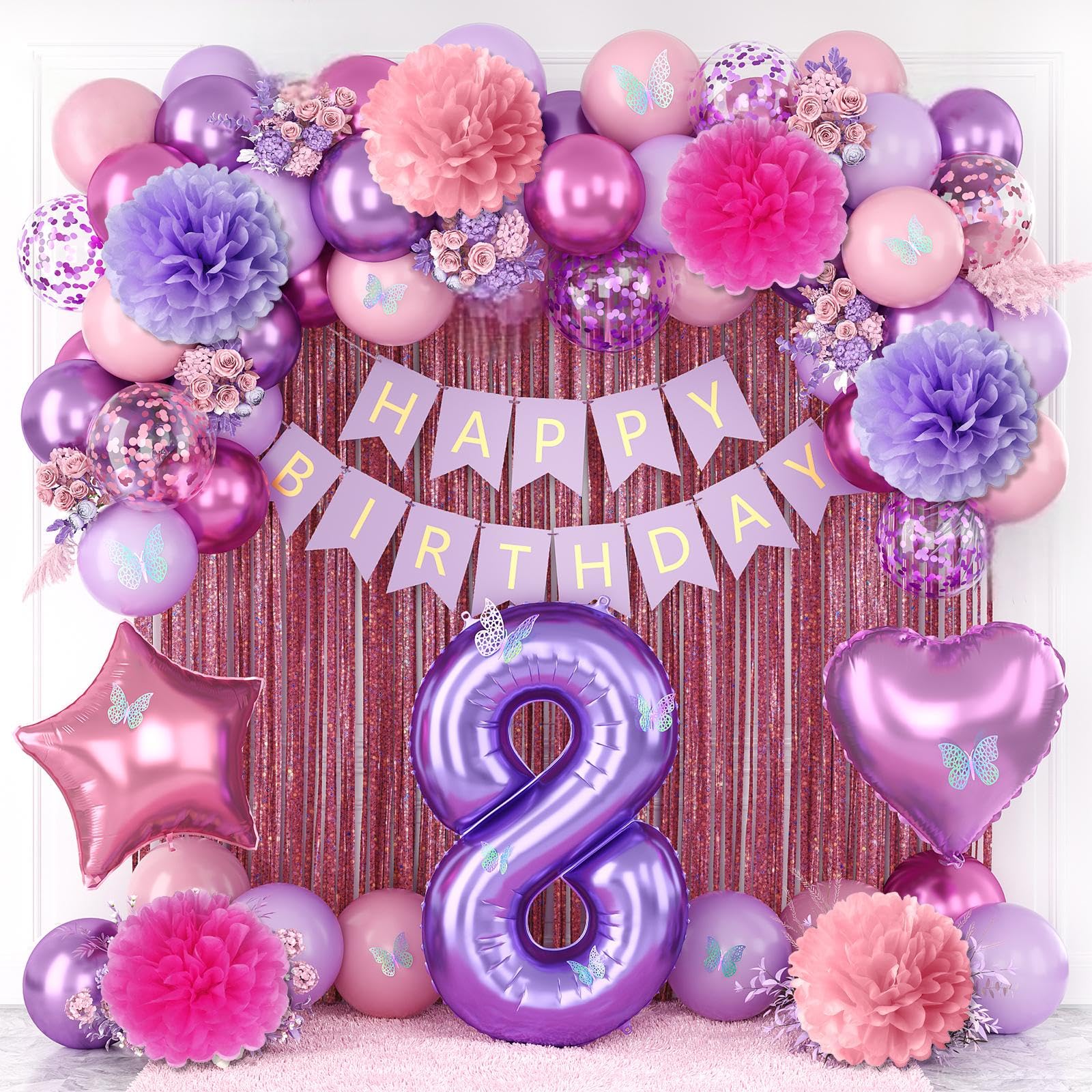 Pink Purple 8th Birthday Party Decoration for Girls Number 8 Princess Decor