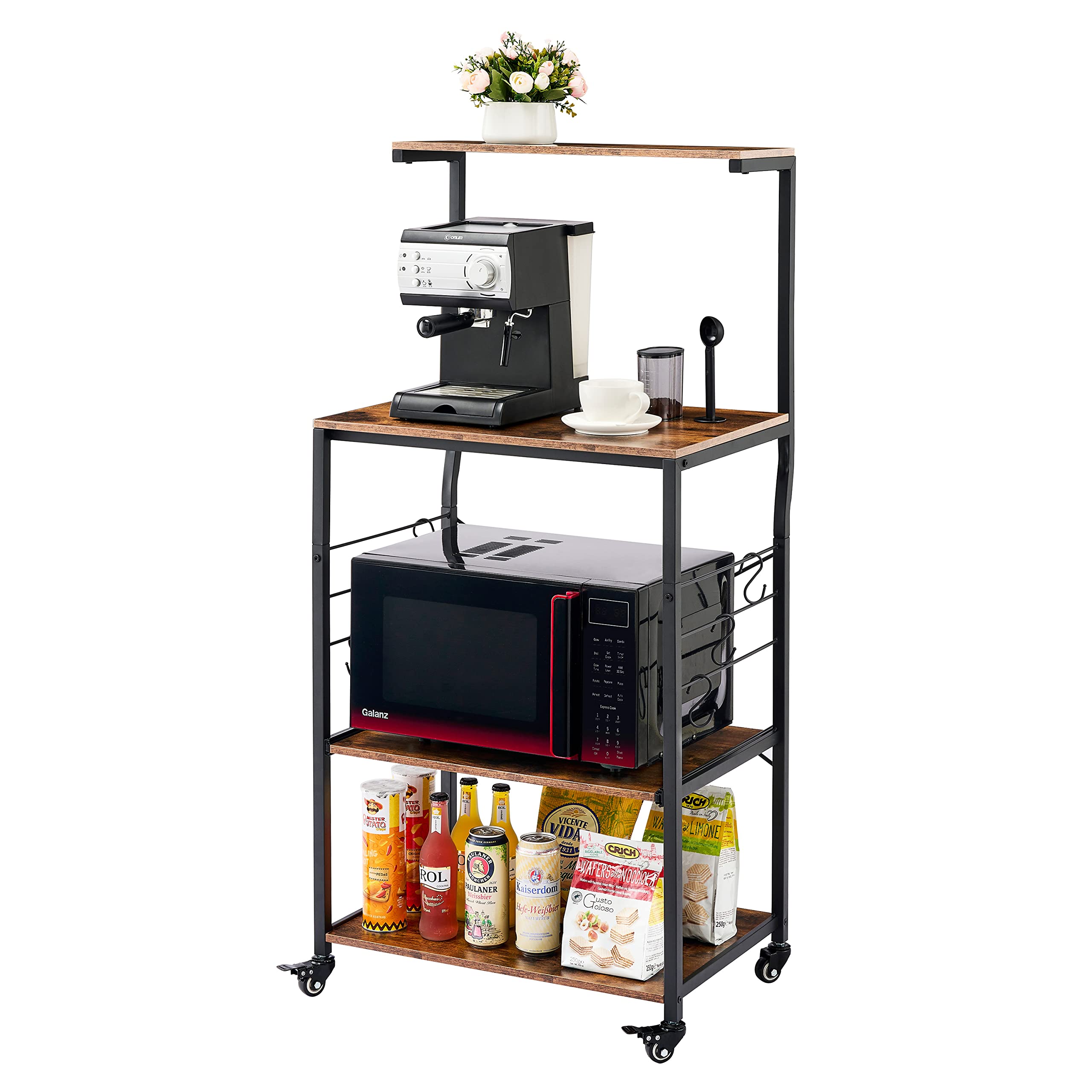 Tajsoon Microwave Stand with Storage 4 Tier Kitchen Bakers Rack with 6 S-Hooks, Floor Standing Rack for Kitchen with Storage with Adjustable Wheels, Kitchen Organizer Shelves for Spices, Pots and Pans