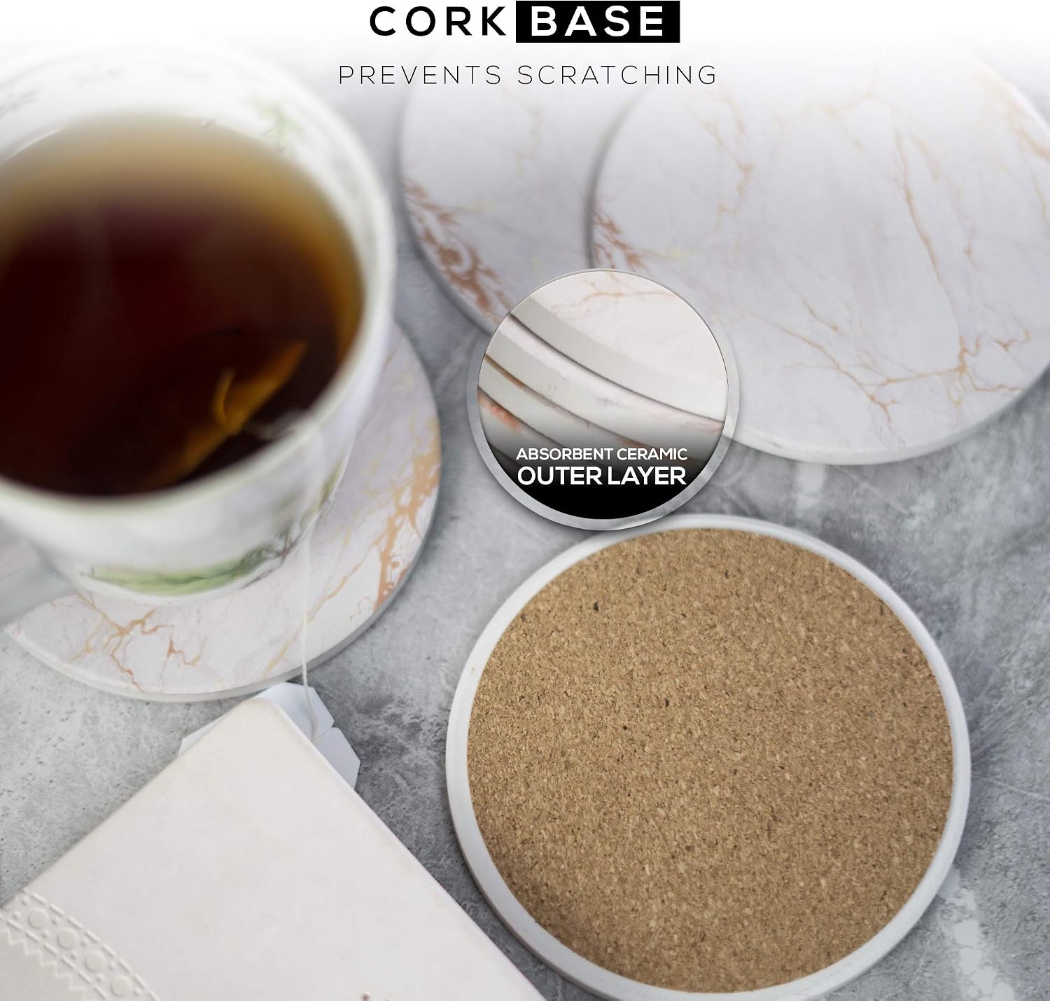 WZDOM Coasters for Drinks Absorbent with Holder - Marble Style Absorbent Coasters - Stone Drink Coasters with Cork Base Prevents Furniture Scratches - Housewarming Gift - Set of 6 White Coasters