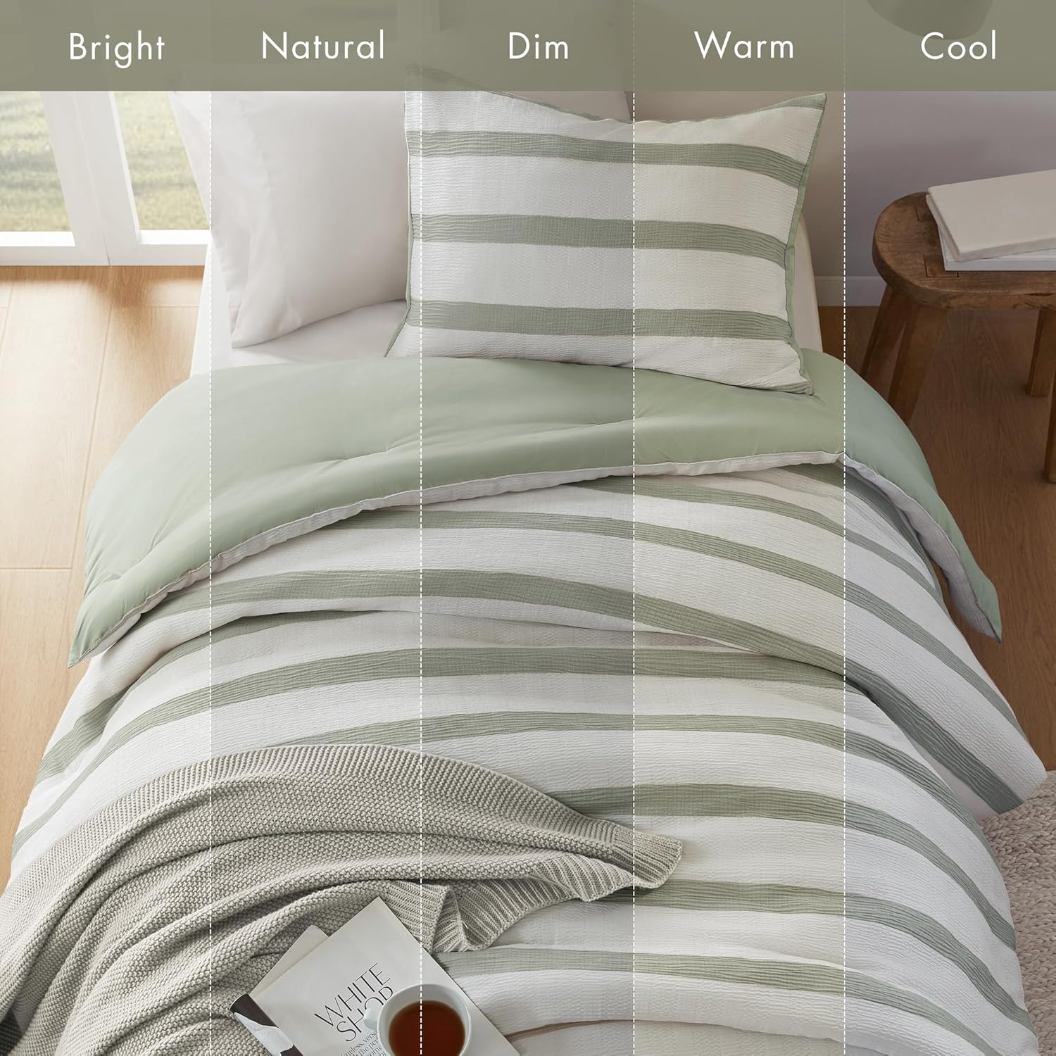 Madison Park Essentials Striped Comforter Set Twin Size, Yarn-Dyed Reversible Comforter with Minimalist Stripes, Crinkled Texture Bedding Set for All-Season Lightweight Warmth, Merritt Sage Green