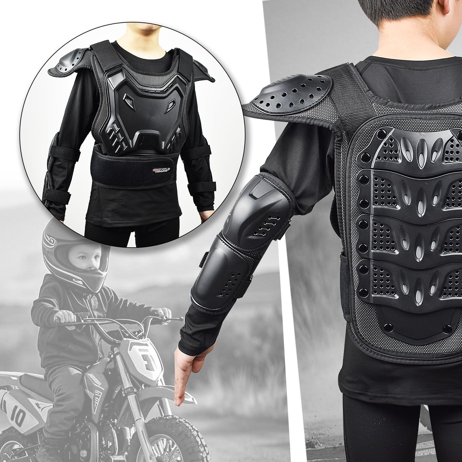 Traje de motocicleta para niños, equipo de motocross con protector de codo, rodilleras, espinilleras, protector de columna vertebral, equipo de motocross, carreras para deportes al aire libre