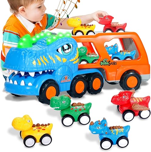 Camión de dinosaurios para niños 1, 2, 3, 4, 5 en 1, camión transportador de dinosaurios con música, luces intermitentes y rugidos de dinosaurios, 4