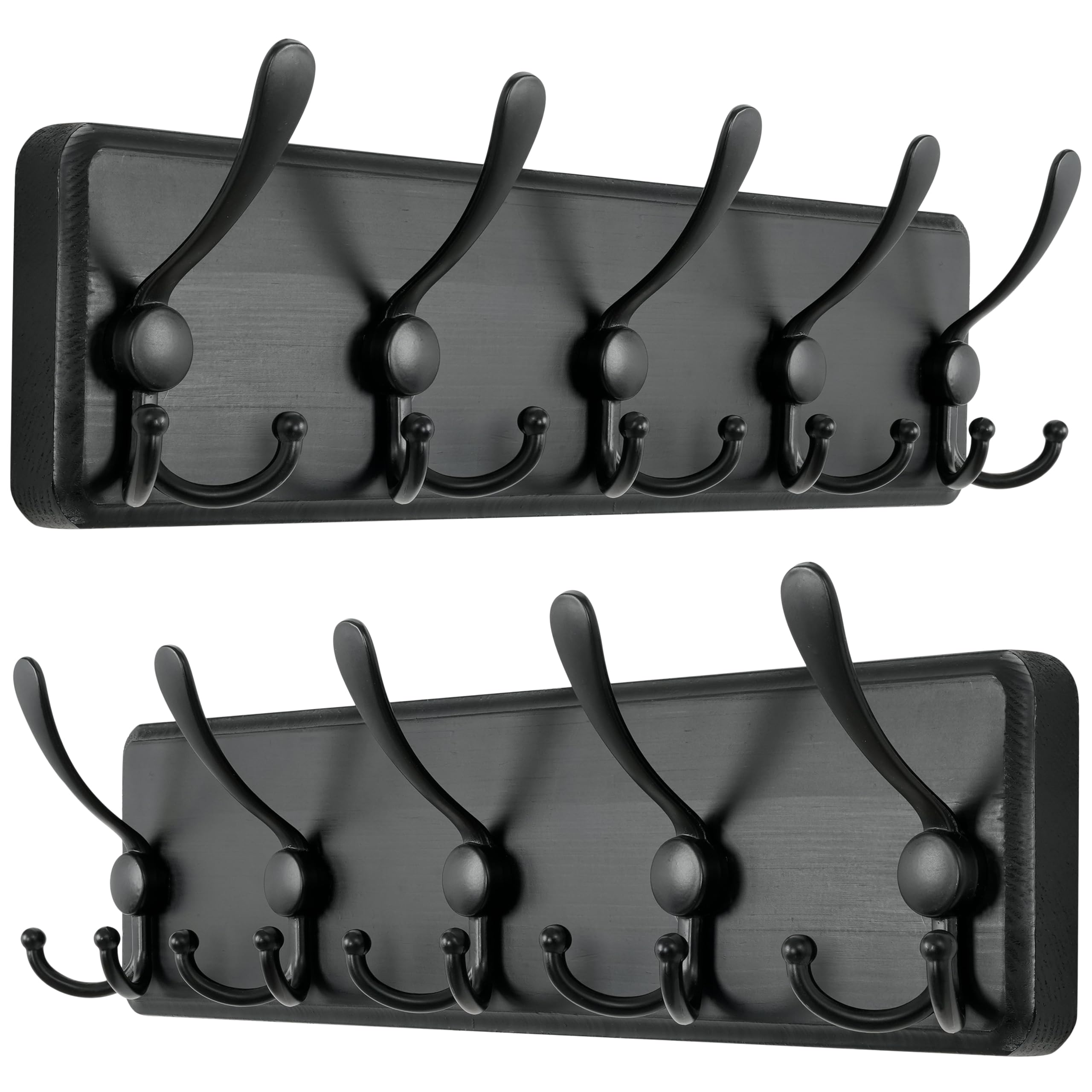 Dseap Coat Rack Wall Mount - Patented, Heavy-Duty, Modern Wooden Wall Coat Hanger Hook Rail with 5 Triple Hooks for Winter Coats Hat Jacket Clothing, Black, Pack of 2