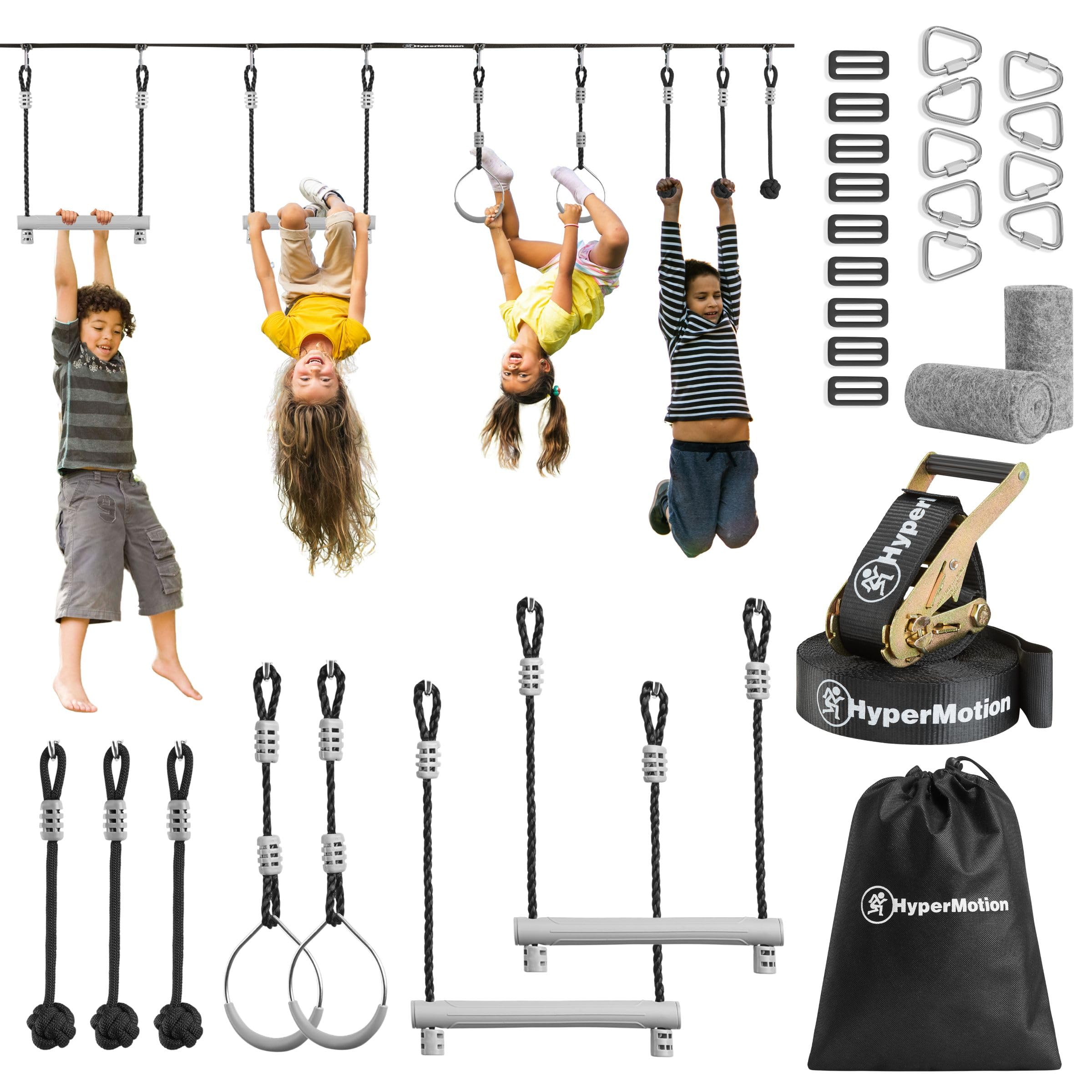 HyperMotion Tor Przeszkód Ninja Dla Dzieci Zestaw Slackline – 7 Przeszkód Z Kółkami Małpimi Pięściami I Drążkami – Udźwig Do 113 kg – Do Ogrodu – Outdoor Zabawa Ruchowa Dla Dzieci I Młodzieży