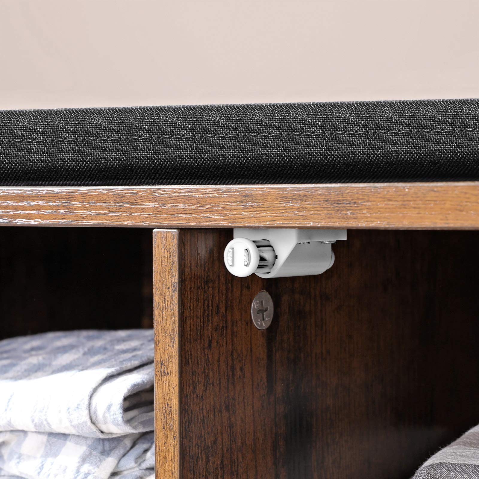 VASAGLE Ławka na buty, szafka do przechowywania, stojak na buty z 9 otwartymi przegrodami i szafką, z tapicerką, 110 x 30 x 48 cm, drzwi rustykalne, brąz vintage LHS058X01