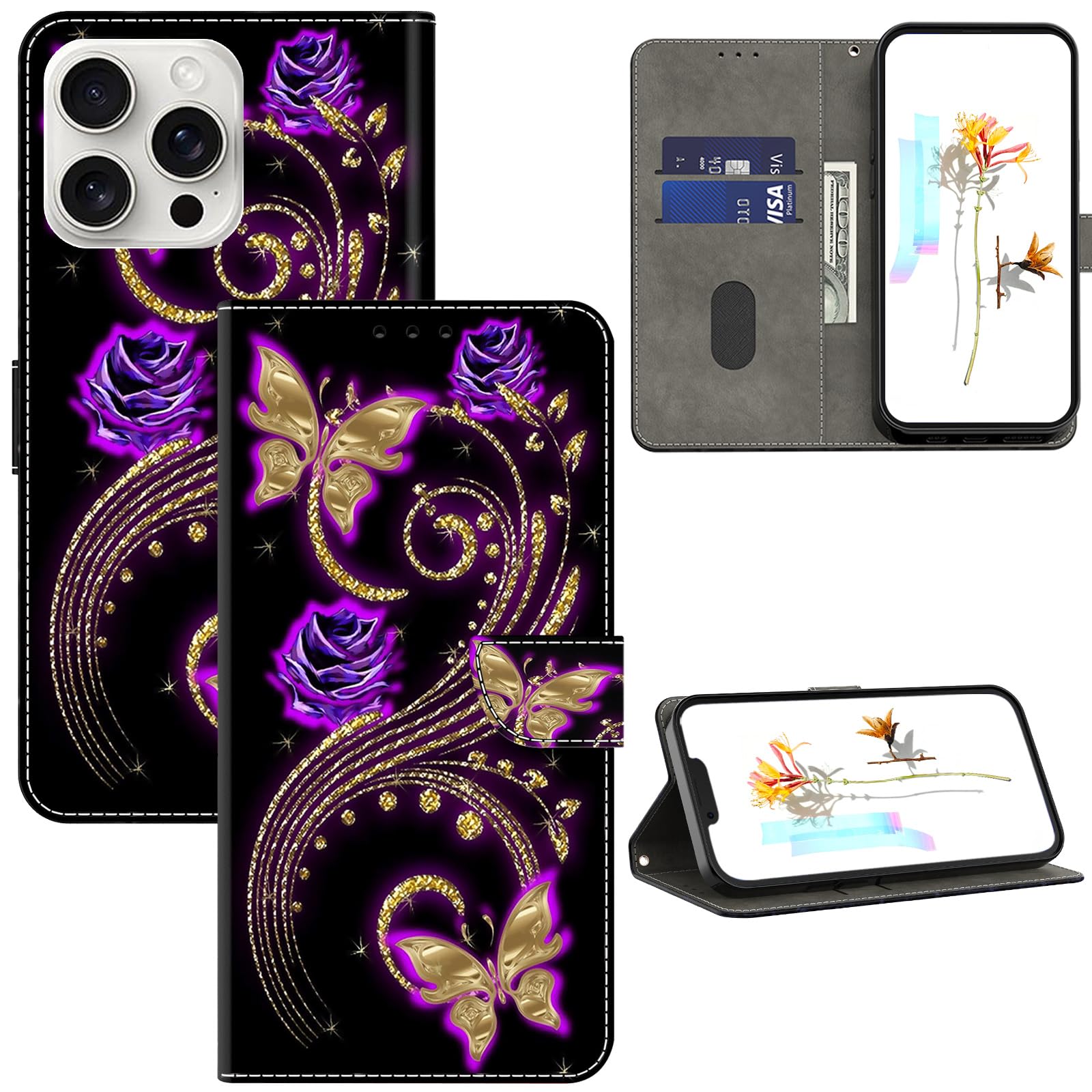 ALILANG Designed for iPhone 16 Pro Max Case with Credit Card Holder, Flip Stand PU Leather Protective Magnetic Case for iPhone 16 Pro Max 6.9"-Purple