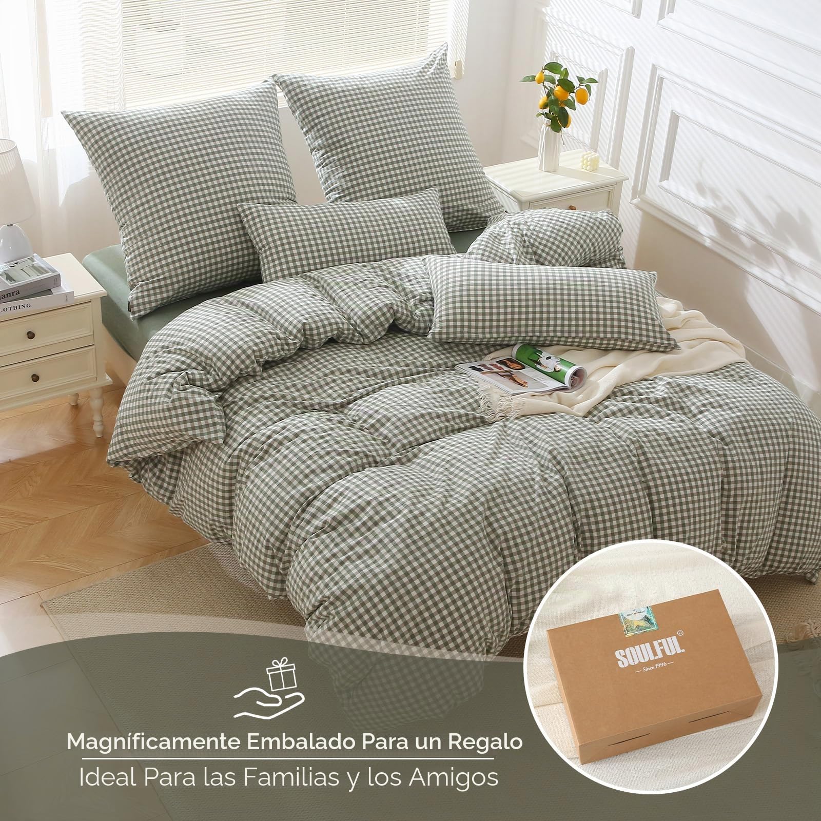 SOULFUL - Funda de edredón de 240 x 260 cm, algodón con 2 fundas de almohada de 65 x 65 cm, 100% algodón lavado, certificado Öeko-Tex, verde juego de cama de 2 personas, 240 x 260 adultos algodón con