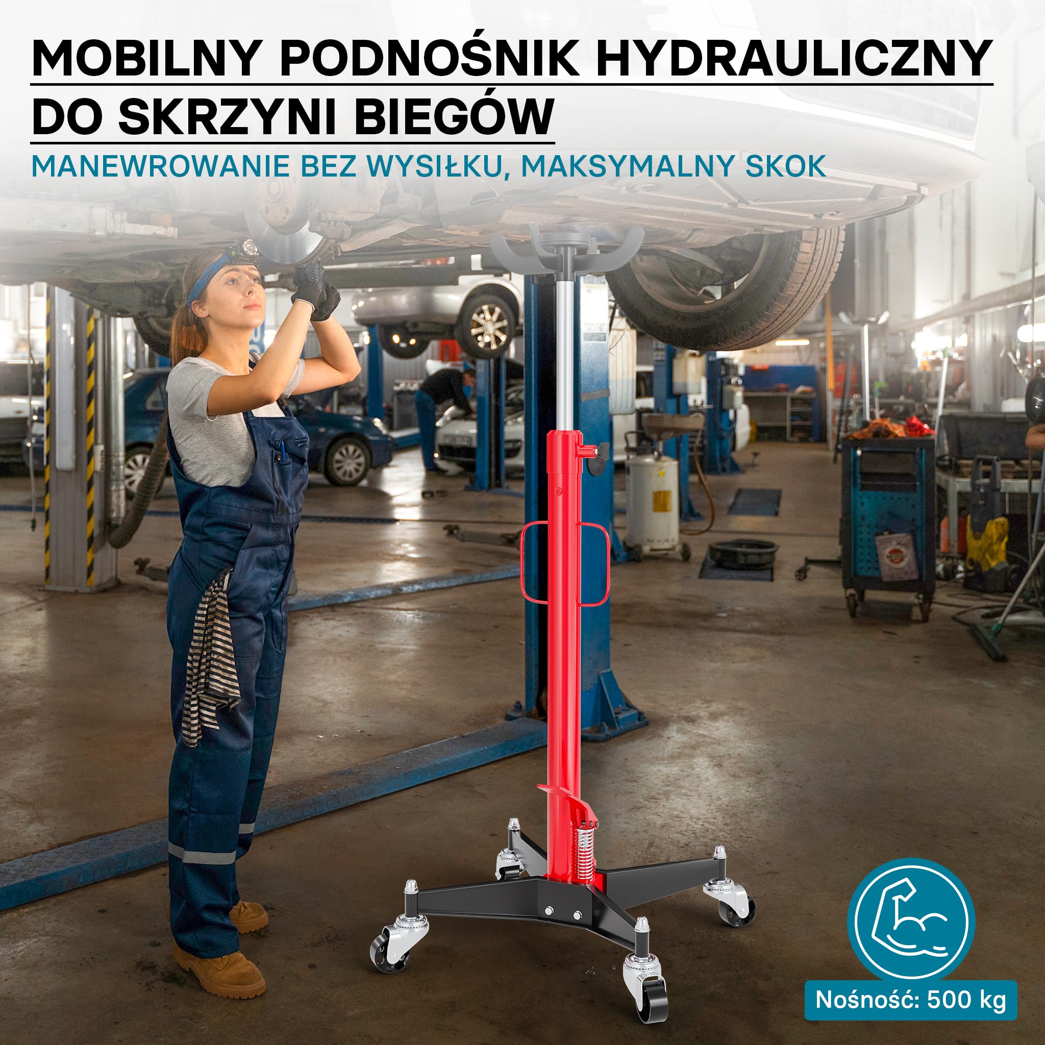 Wiltec Podnośnik do skrzyni biegów do 500 kg nośności i wysokości 110-190 cm, lewarek hydrauliczny na 4 kołach z dociskaczem nożnym