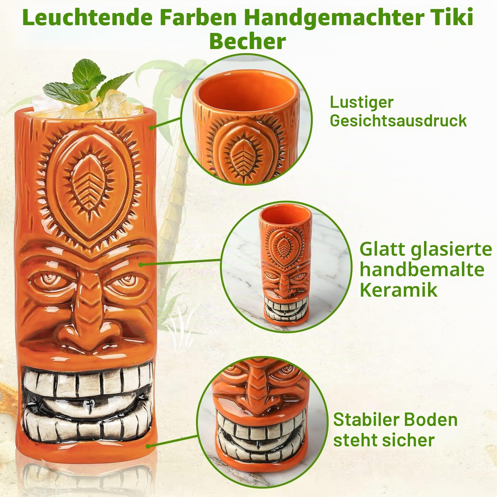 SuproBarware Tiki Tassen Set von 12 – Große Cocktail-Tiki-Gläser, hawaiianische Party, niedliche exotische Cocktailgläser, hawaiianische Keramiktasse