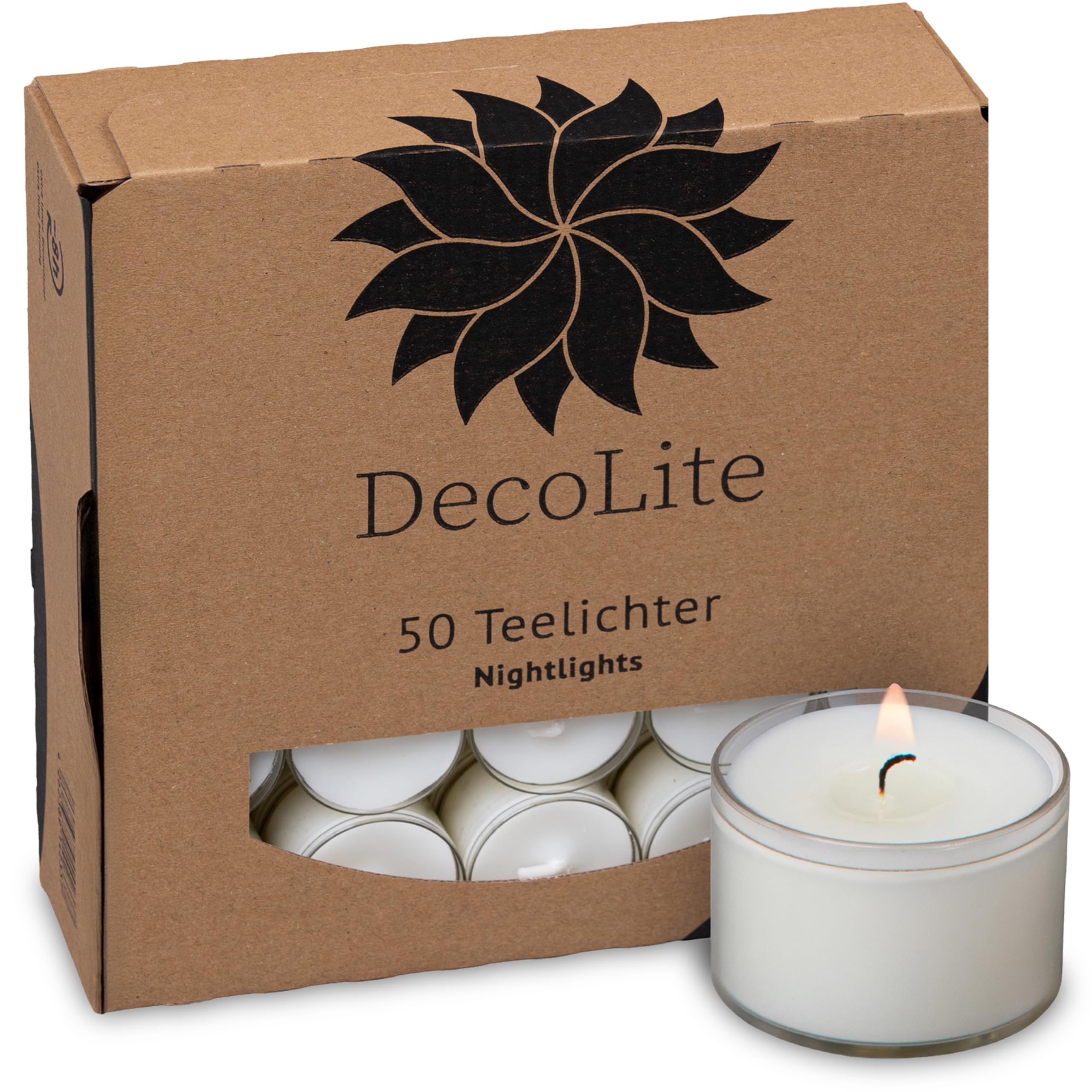 DecoLite:50 Teelichter 8 Stunden Brenndauer | 100% made in Germany | Hohes Teelicht mit transparentem Becher