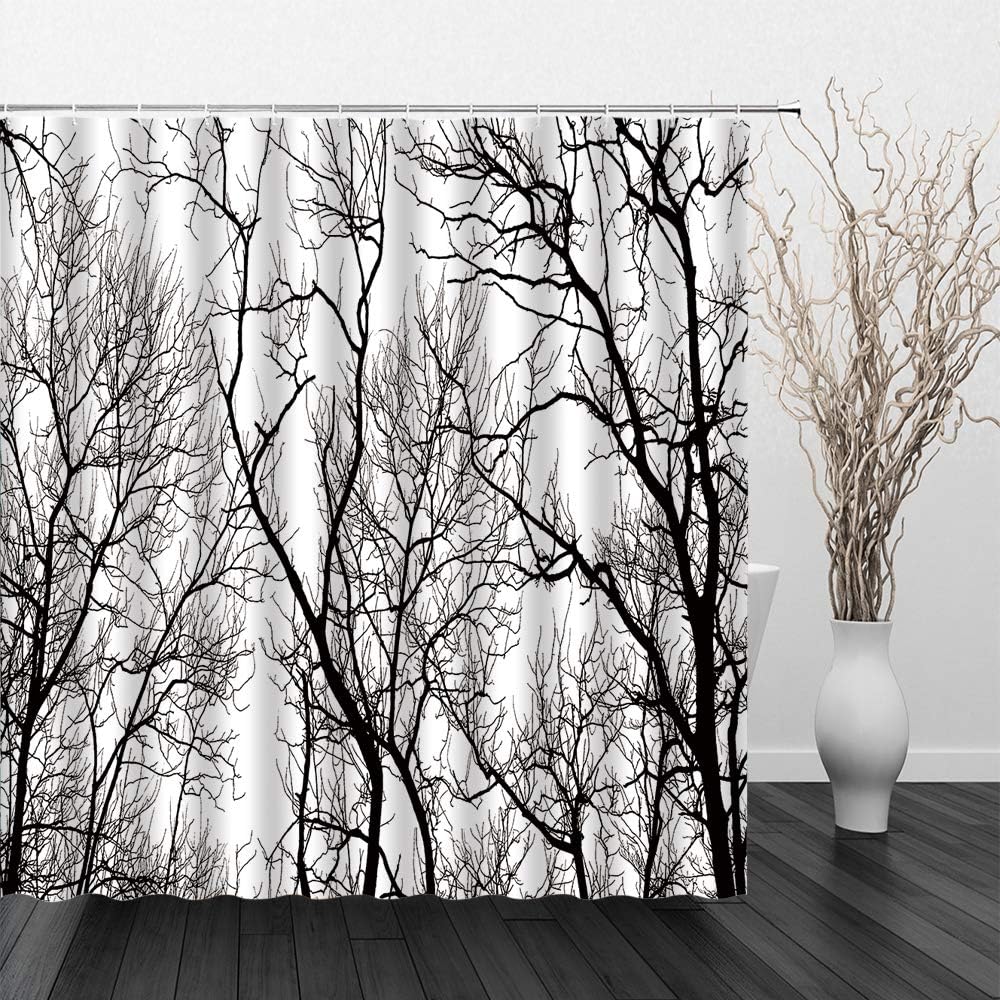 Forest Tree Shower Curtain Tribal White Birch Fall Horror Branches Black Art Abstract Autumn Fall Winter Woods Themed Silhouette Polyester Fabric Bathroom Decor 70×78 Inch with Hook