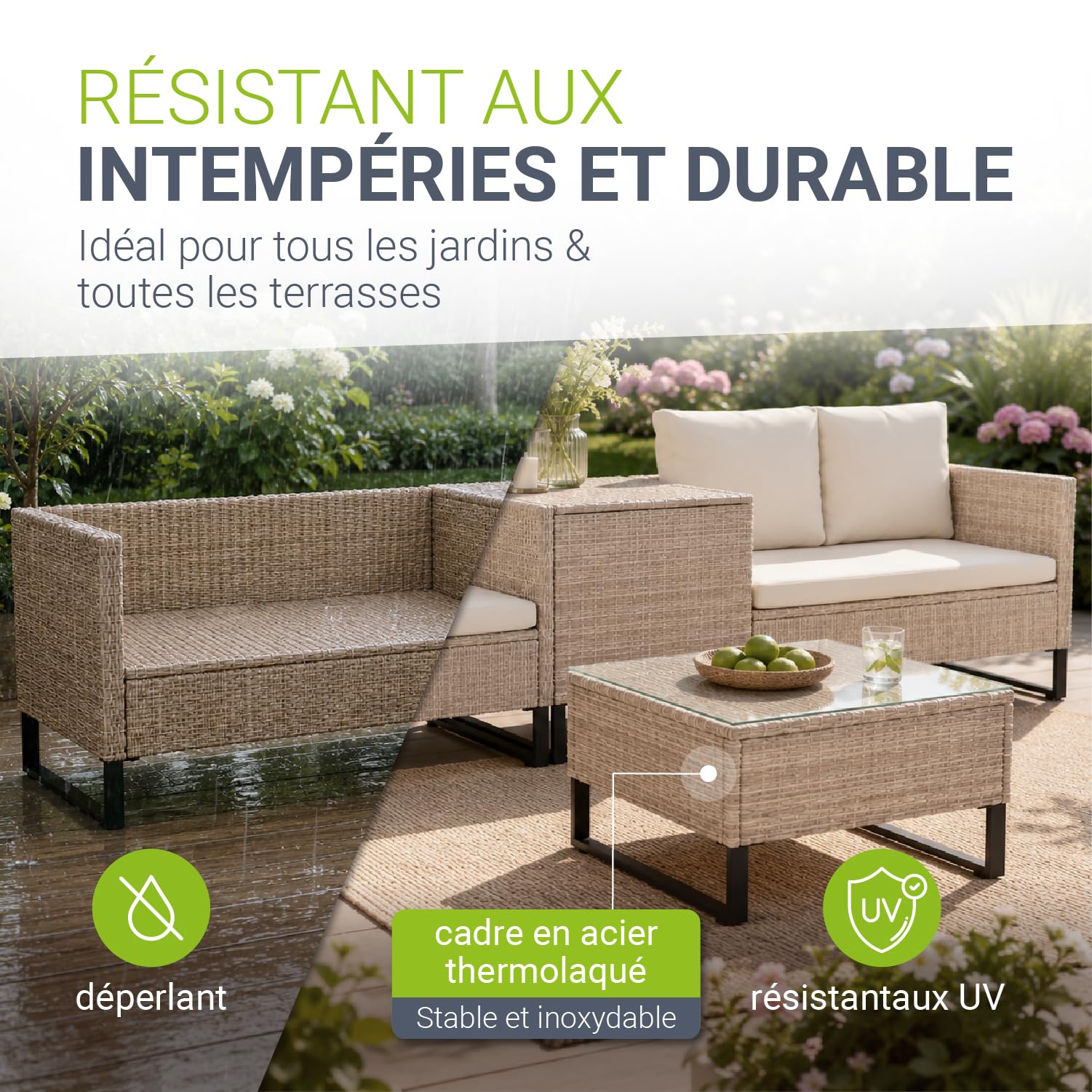 Juskys Coin Lounge extérieur Santorini en polyrotin - Salon de Jardin avec Table Basse et Coffre à Coussins - Meubles de Jardin en Imitation rotin résistant aux intempéries - Crème