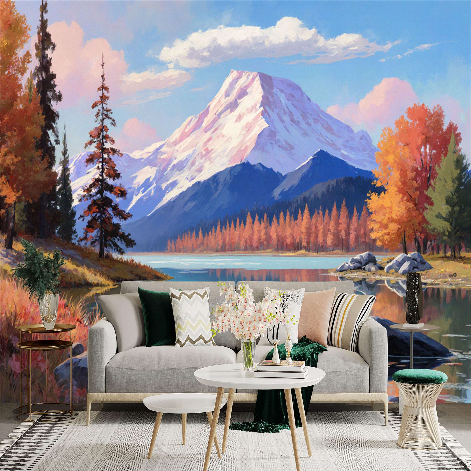 Lnzczhyre Xc260505482 Custom Size Wall Sticker Mural， Scenic Autumn Mountain Lake View， Peaceful Nature Landscape， Golden Forest Reflection， For Wall Decoration， Peelandstick Wall Decals.