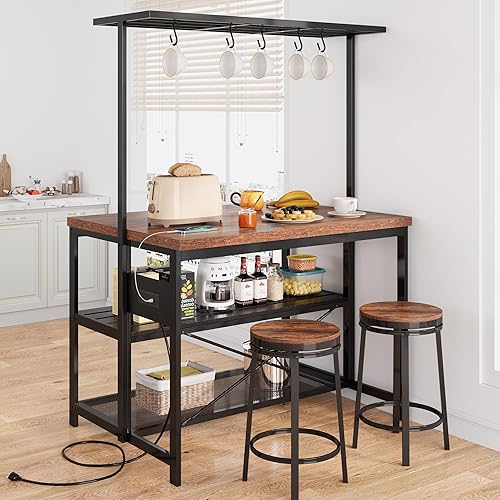 Kitchen Island with Storage, Bakers Rack with Power Outlet, Island Table for Kitchen,3 Tier Microwave Stand Oven Shelf,Large Coffee Bar Table, Storage Shelf for Kitchen Dining Room Living Room,5 Hooks