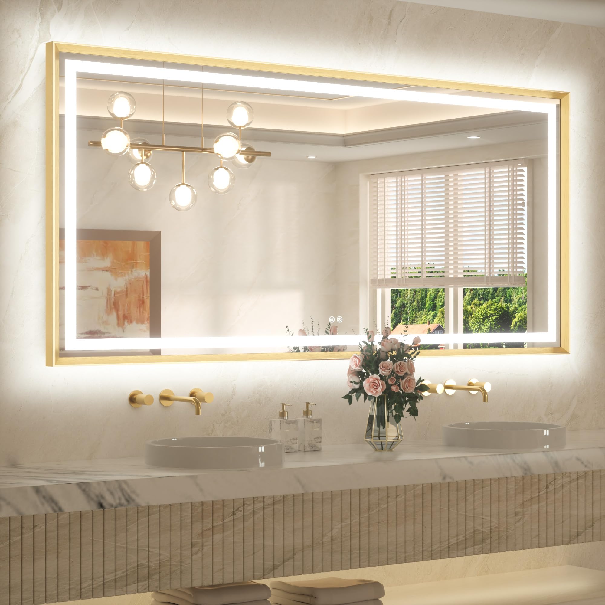 TETOTE 72 x 36 Large Bathroom Mirror Brushed Gold Metal Frame Frontlit &amp; Backlit Vanity Mirror 3 Colors White/Warm/Natural Stepless Dimmable Anti-Fog Bathroom Mirrors for Vanity Wall-Mounted