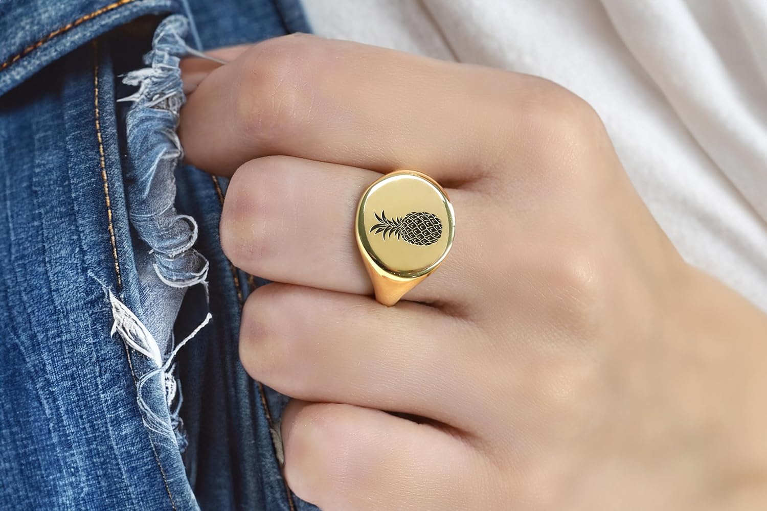 Engraved Pineapple Signet Ring - Gold Fruit Bold Statement Ring Perfect For Her