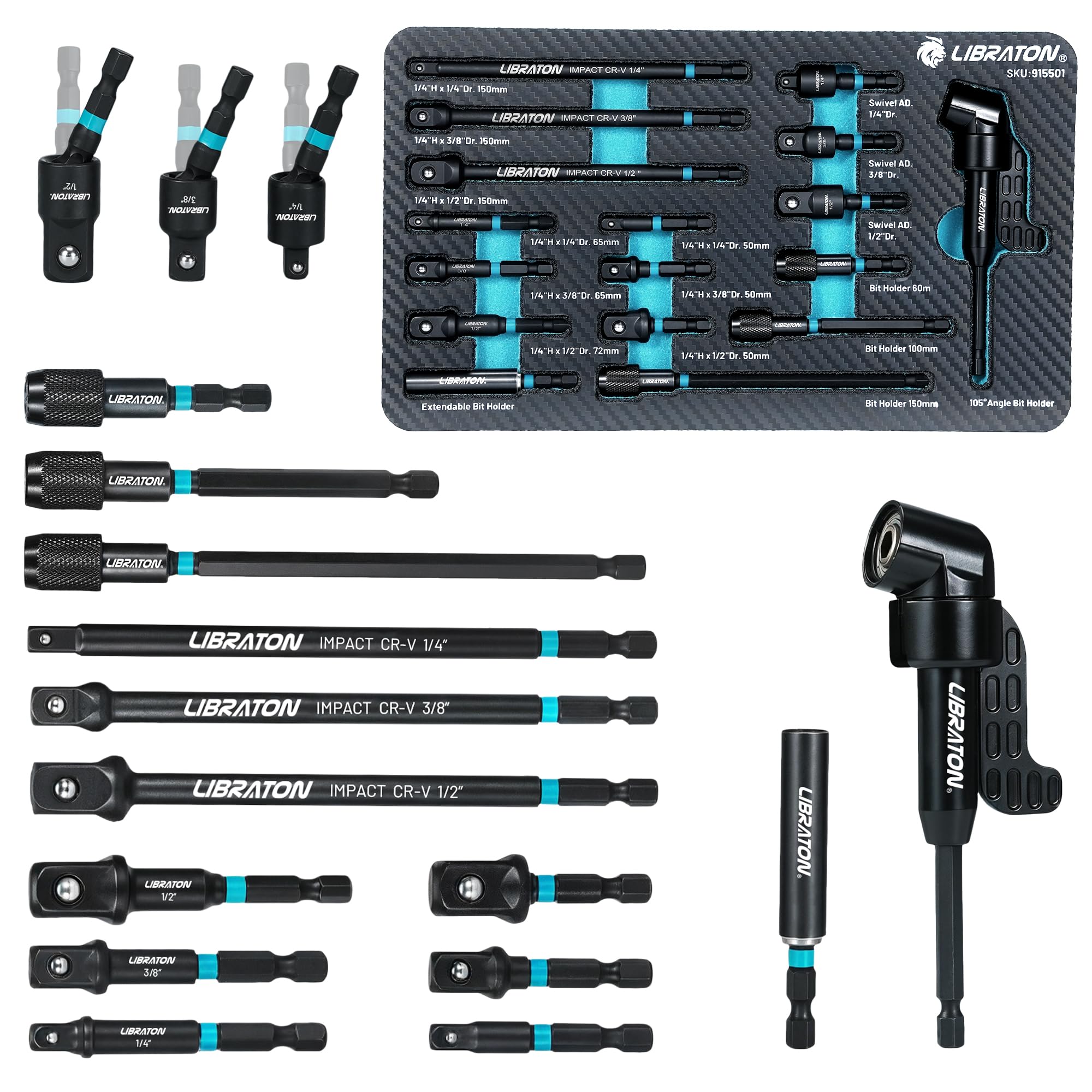 LIBRATON Set De 17 Adaptateurs De Douille À Choc, Carrés 1/4", 3/8", 1/2"