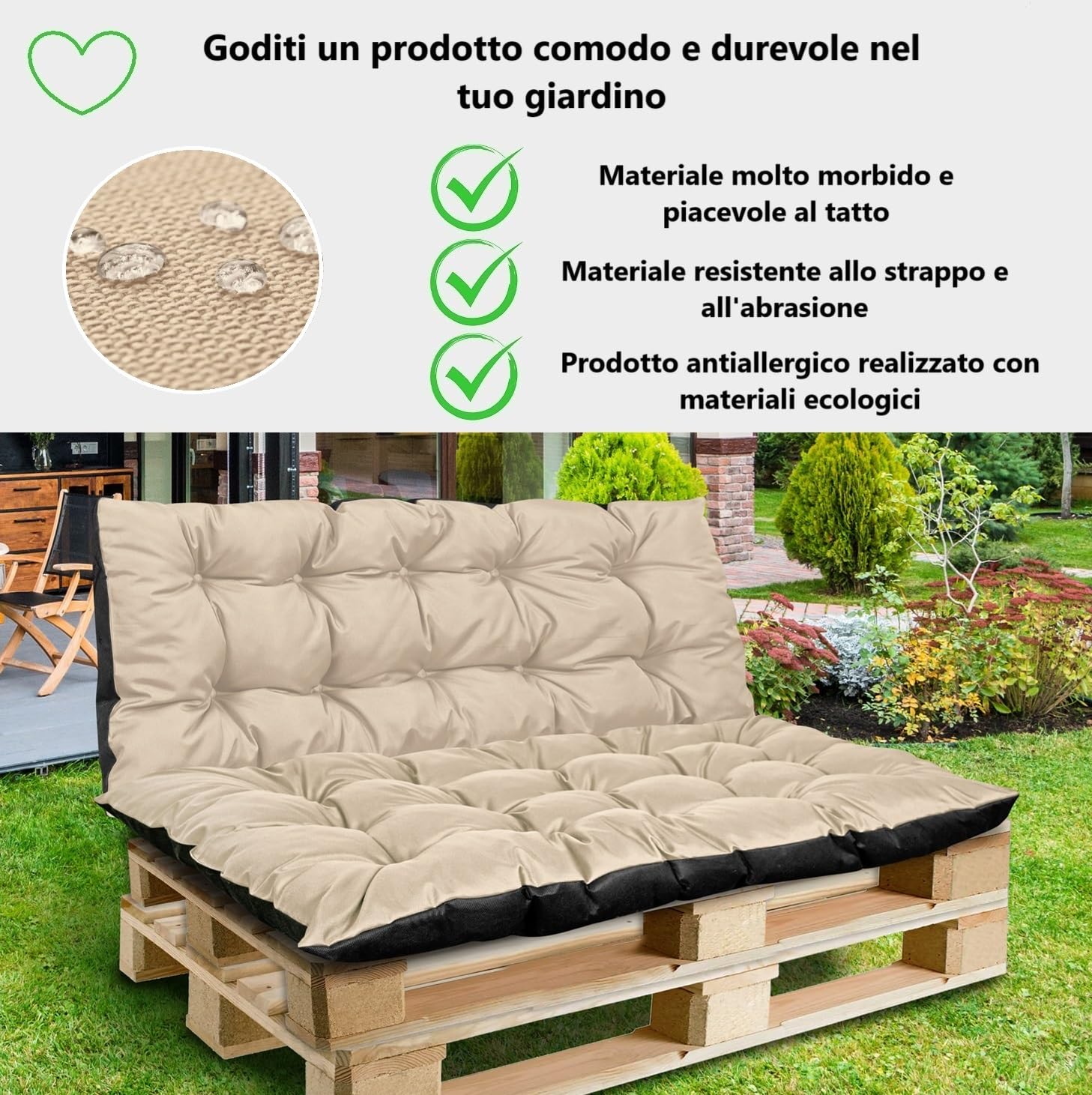 Set di cuscini per pallet 2 pezzi: cuscino per seduta 120 x 80 cm, schienale 120 x 40 cm – imbottitura morbida, facile da pulire, resistente all’acqua