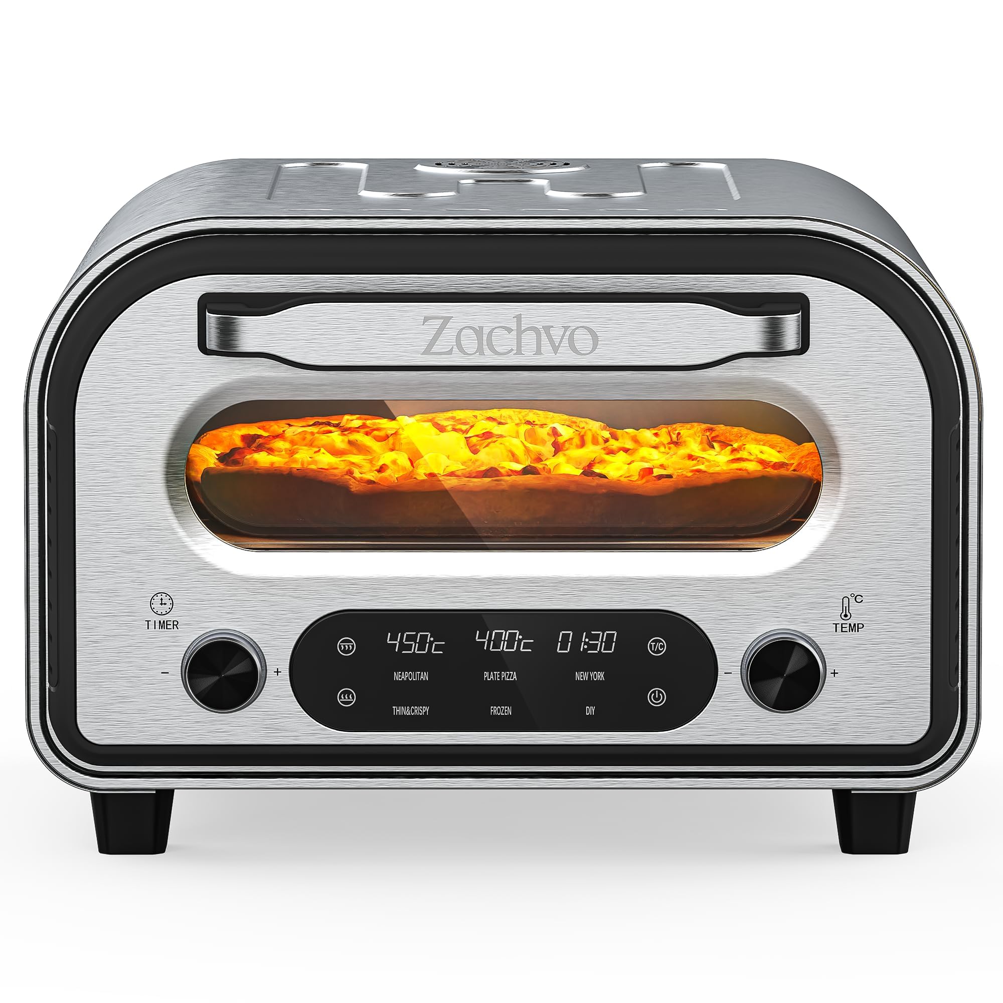 Pizza Oven Indoor, Heats up to 850°F, Makes 12” Pizzas in 90 Seconds, Electric Pizza Oven with 6 Touchscreen Presets, Countertop Pizza Ovens for Kitchen, Recipes & Pizza Stone Peel Included, Silver