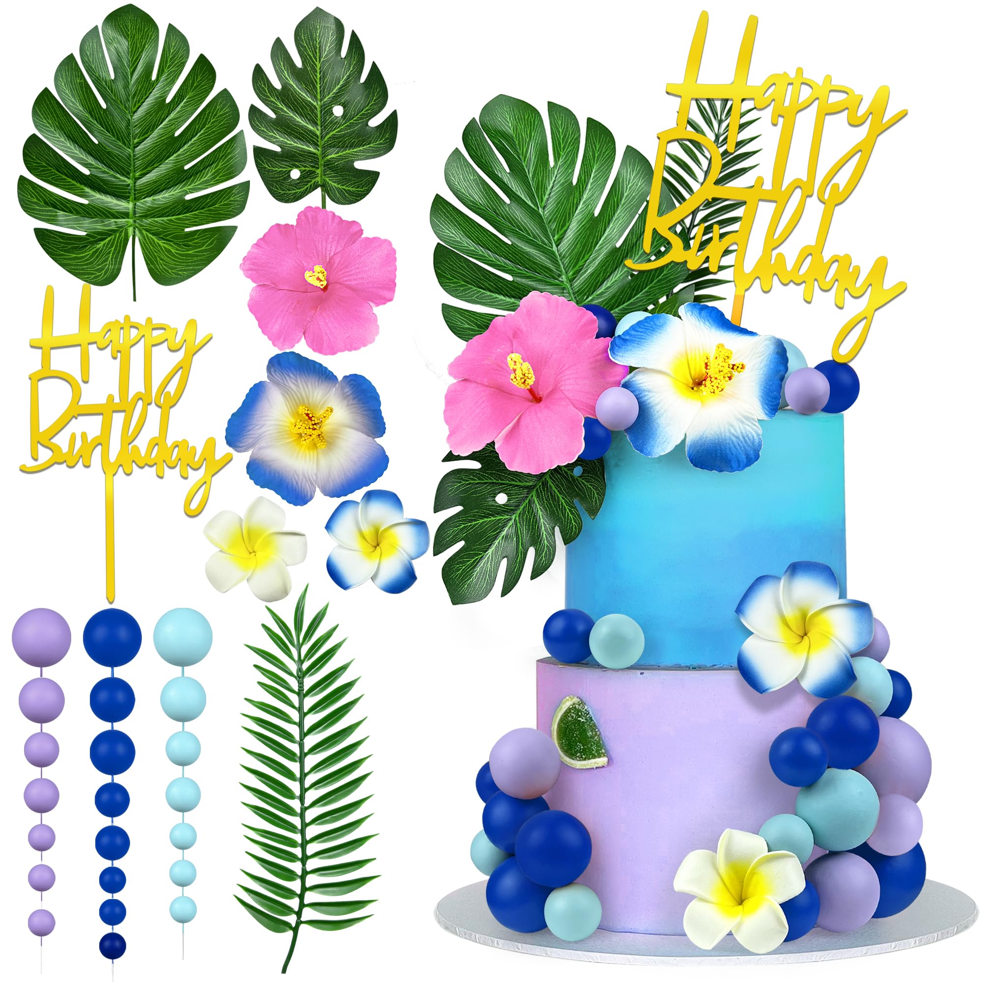 36pcs Hawaiian Flower Cake Topper with Palm Leaves and Summer Flowers Suitable for Summer Themed Birthday Cake Decoration（Blue Purple）