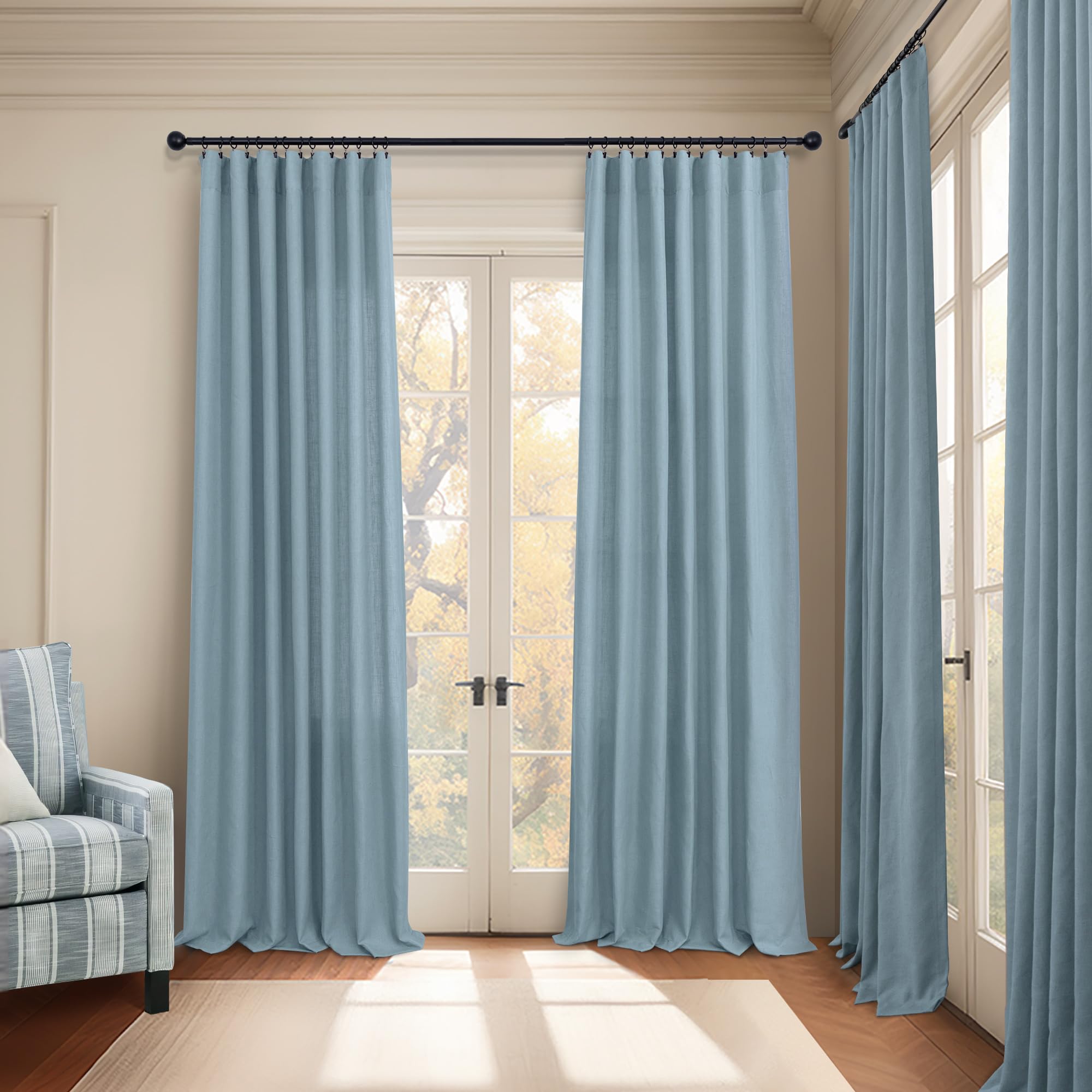 Tende Semi-Velate In Lino Con Motivo Floreale Blu E Bianco, 132x213 Cm (2 Pannelli) | Filtro Luce Per Soggiorno E Camera Da Letto, Con Tasca