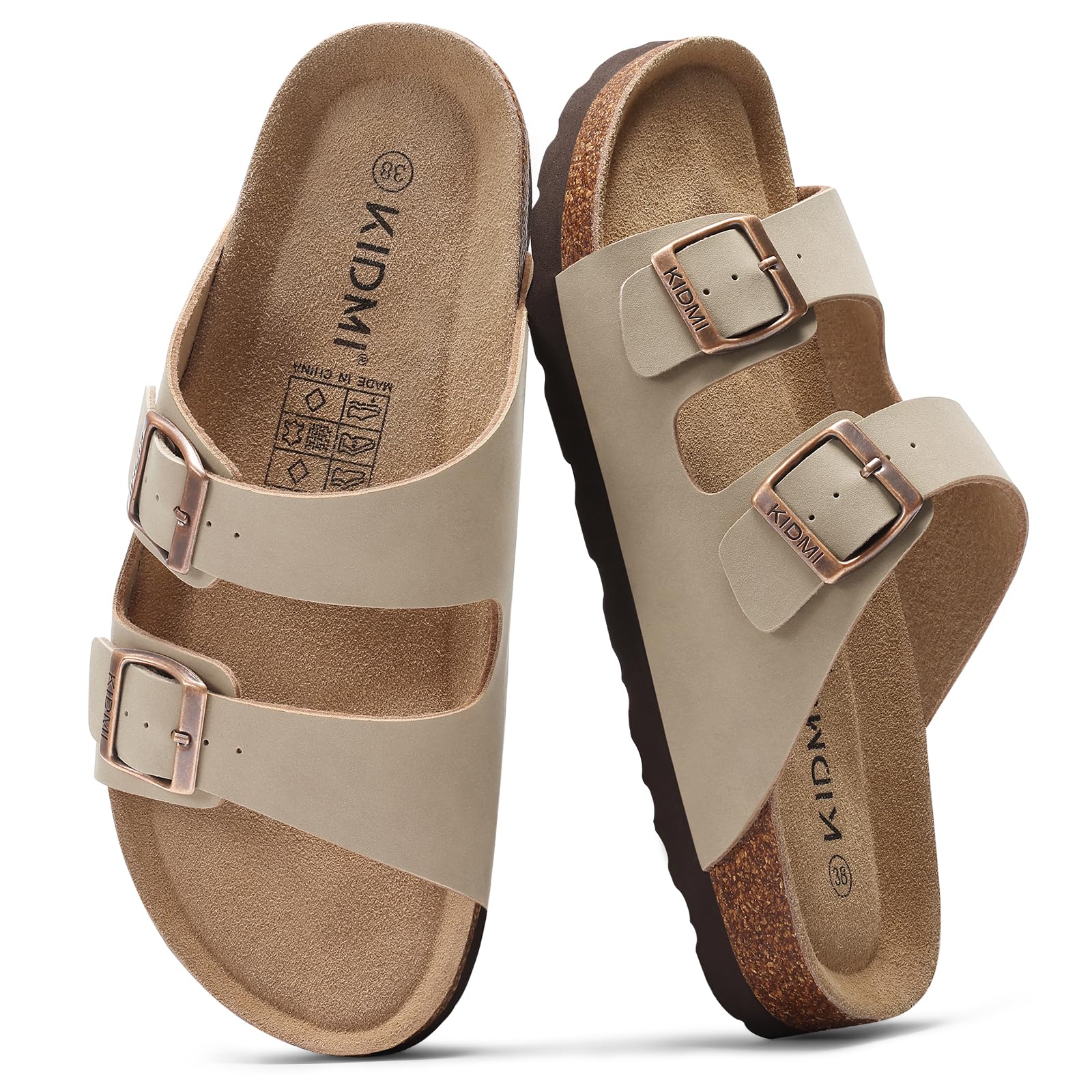 KIDMI Unisex Genuine Suede Summer Sandals Arch Support Cork Footbed Slide Sandals with Double Adjustable Buckle for Women Men