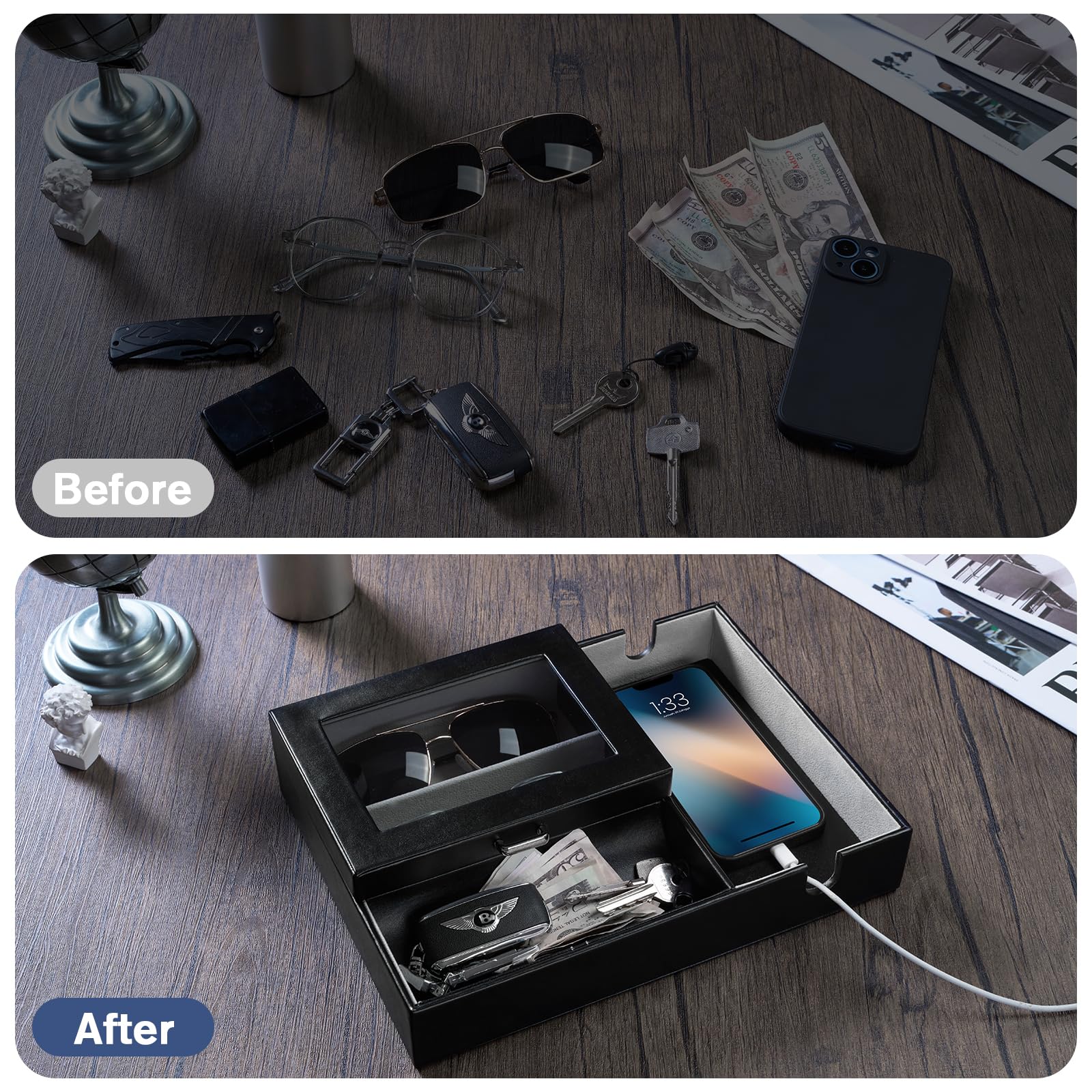 Vide-Poches En Cuir PU - 16.5x16.5cm - Pour Clés, Monnaie, Téléphone - Design Pliable