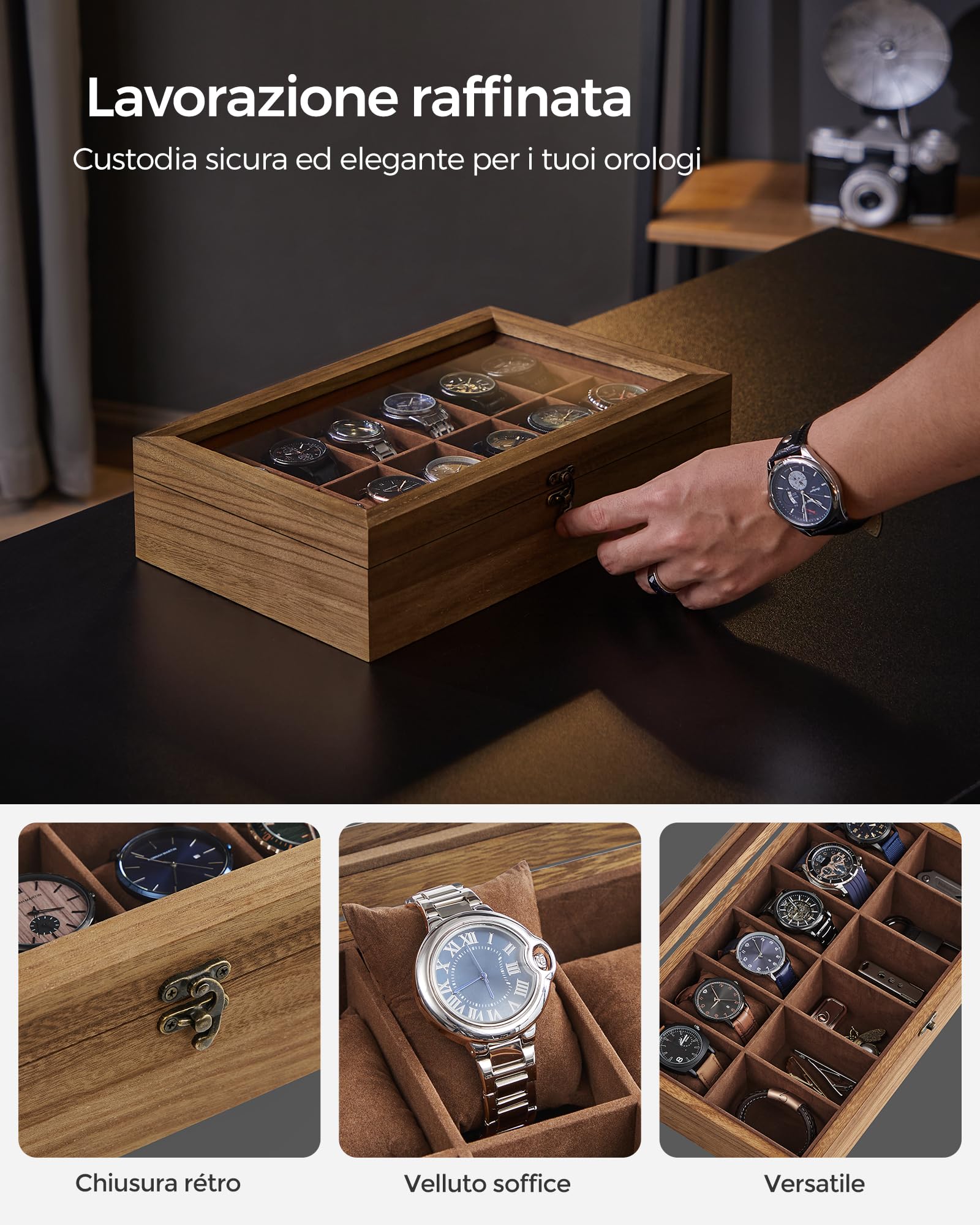 SONGMICS Scatola per Orologi, Scatola Porta Orologi a 12 Scomparti, Portaorologi in Legno con Coperchio in Vetro e Cuscinetti Rimovibili, Idea Regalo, Noce Rustico JOW120K01
