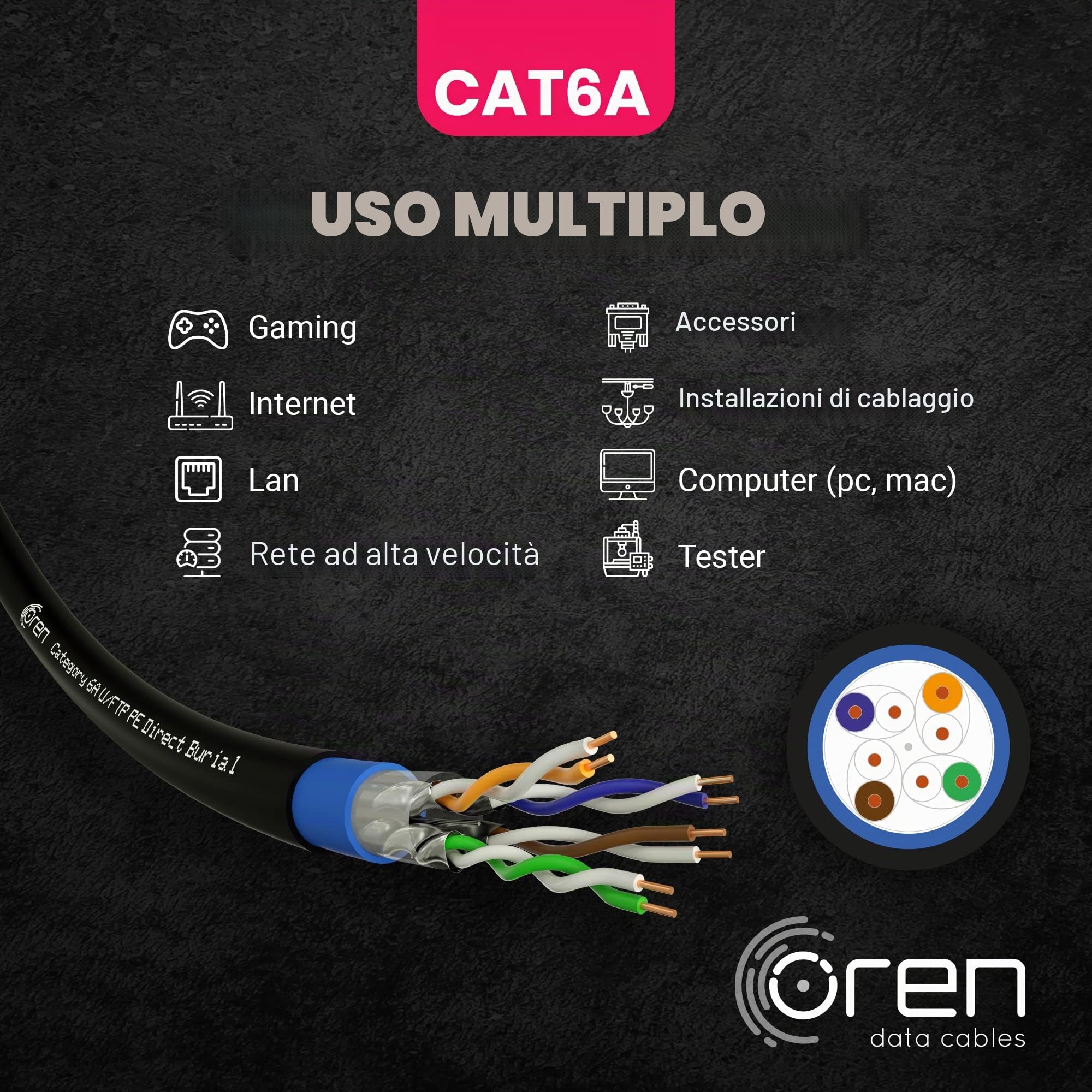 Oren CAT6A 50m Cavo Ethernet da Esterno - Interramento Diretto - 23 AWG Cavo in Rame Nudo – 500 MHz Larghezza Banda U/FTP Cavo di Rete LAN Internet, senza alogeni, anticorrosivo- 10GbE