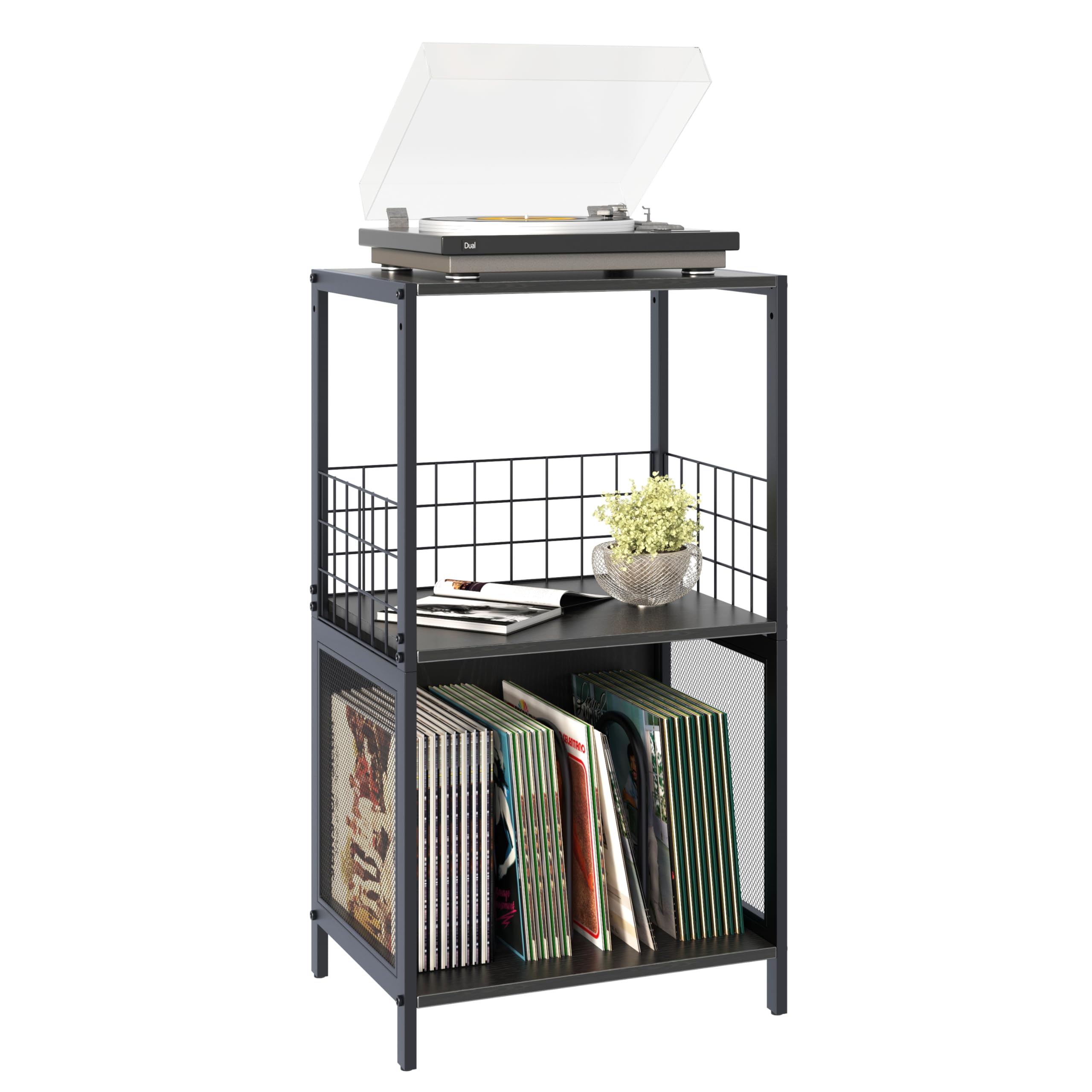 Huhote 3-Tier Vinyl Record Storage, Side Table, Record Player Stand with Storage for Up to 100 Albums, Turntable Cabinet for Living Room, Bedroom & Music Room (Black) — image 1
