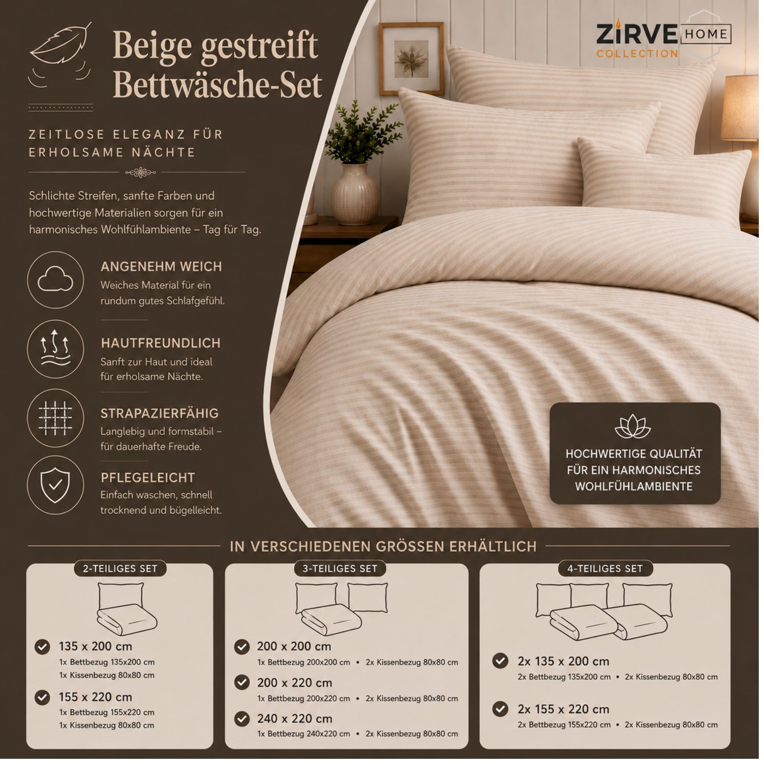 ZIRVEHOME Bettwäsche 135x200 cm, Beige, 4-teilig