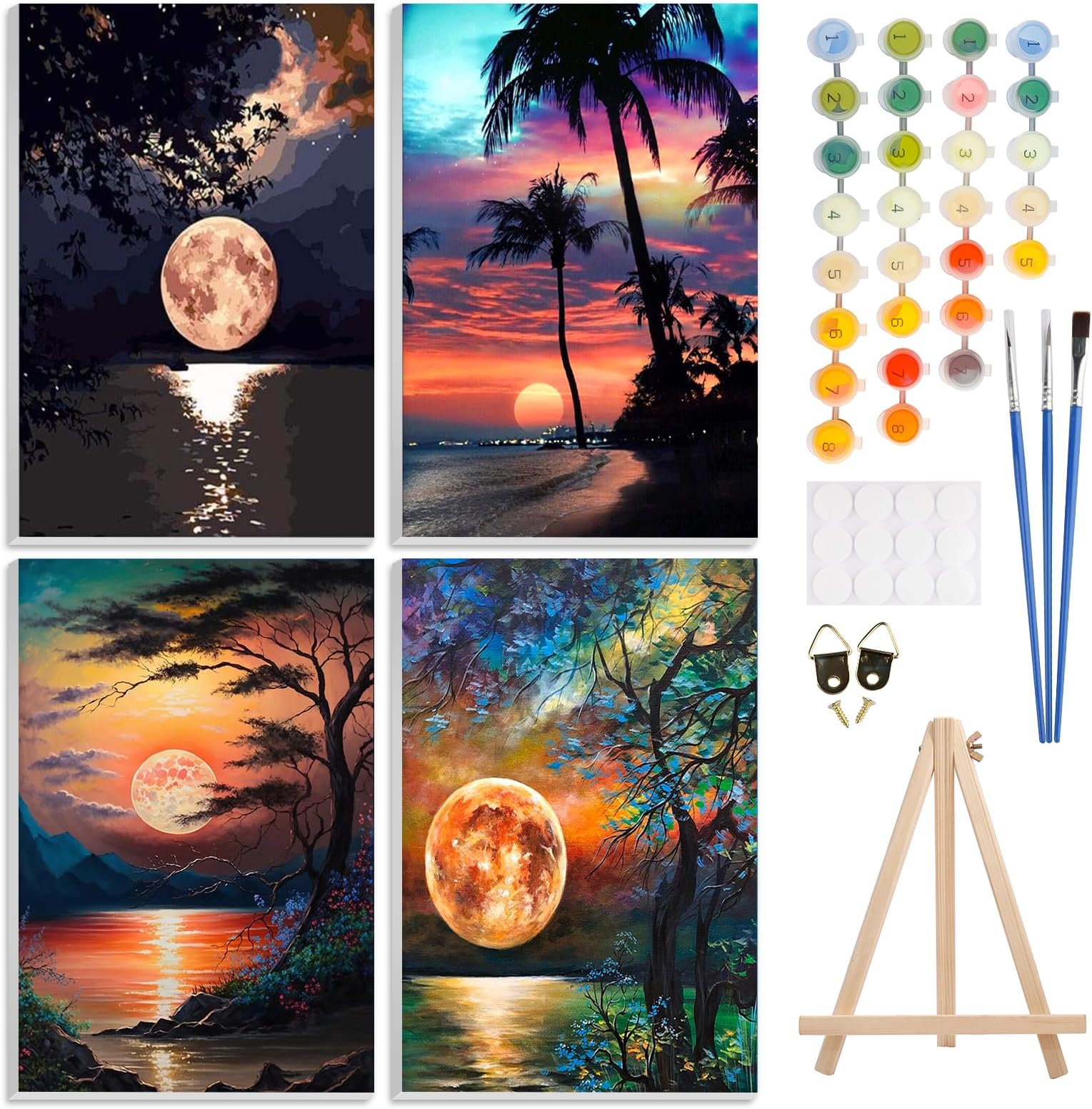 4 Pack Paint by Number Kits for Adults with Framed Canvas&Wooden Easel, DIY Adult Painting by Number Kit Oil Acrylic, Moon Sunset Painting Kit for Beginners, Arts and Crafts for Home Decor 8x12inch