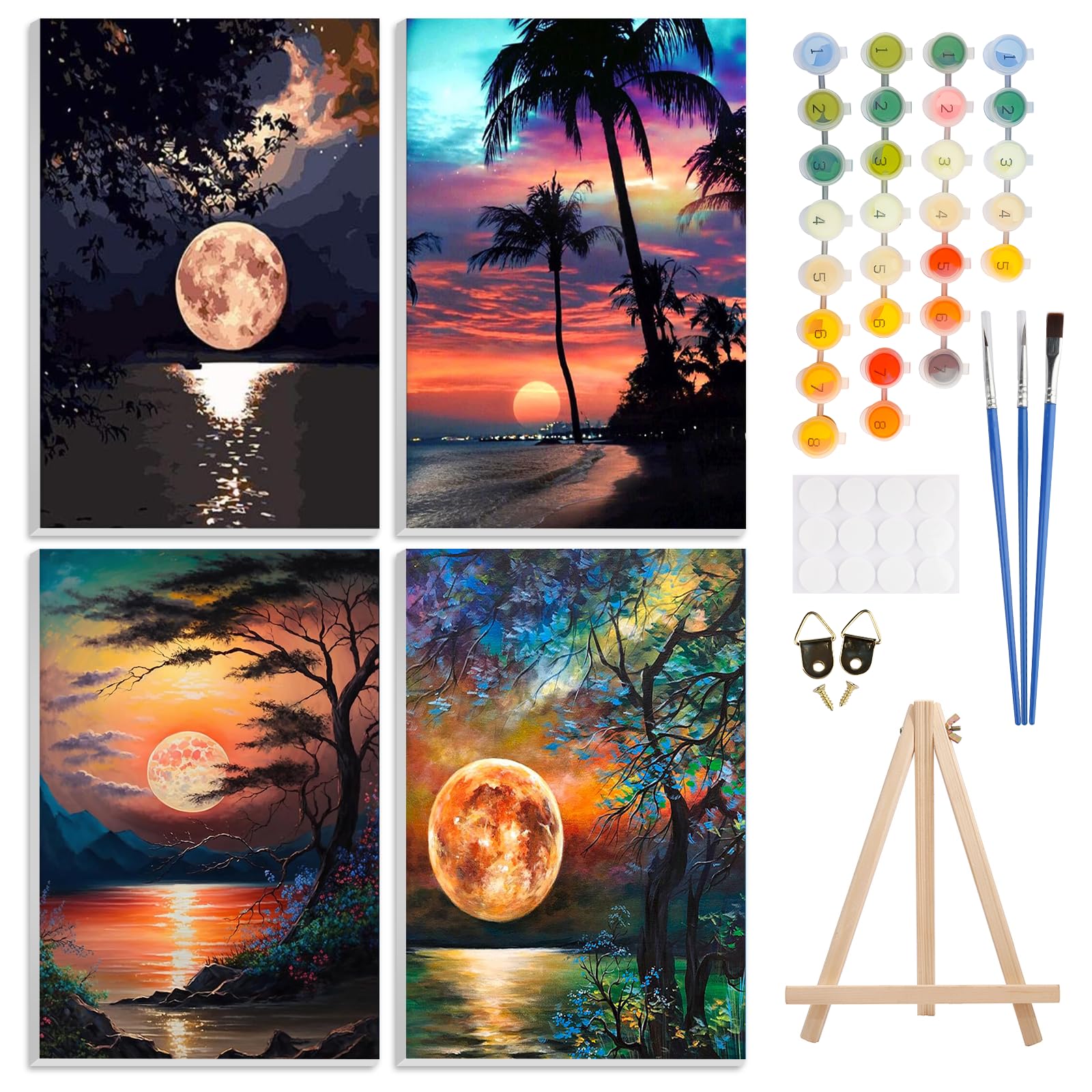 4 Pack Paint by Number Kits for Adults with Framed Canvas&Wooden Easel, DIY Adult Painting by Number Kit Oil Acrylic, Moon Sunset Painting Kit for Beginners, Arts and Crafts for Home Decor 8x12inch