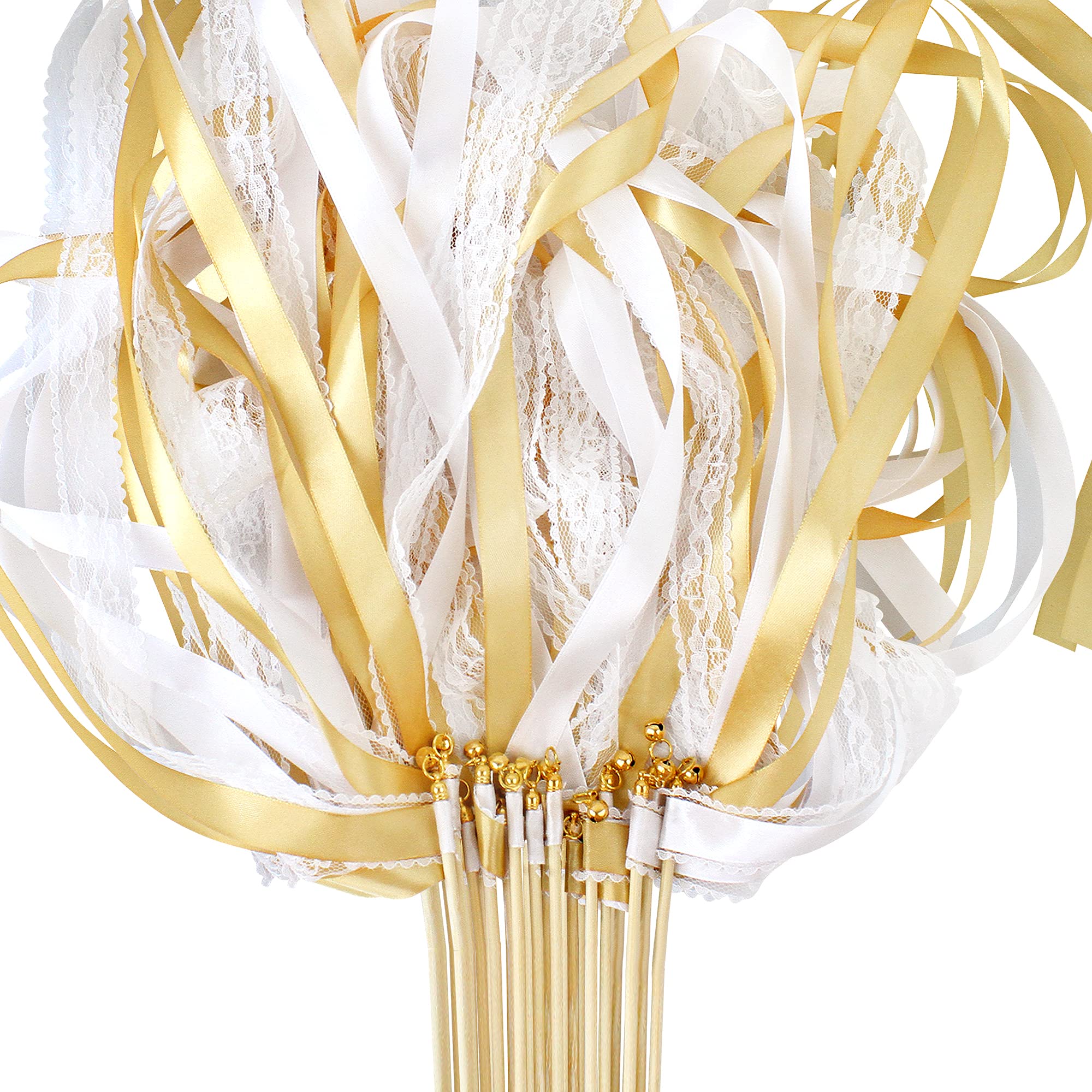 Ercadio25 Pack Wedding Fairy Sticks Ribbon Fairy Wands with White Lace Silk Ribbon with Bells Fairy Sticks Streamers for Wedding Birthday, Celebration and Holiday Valentines Party (Champagne)