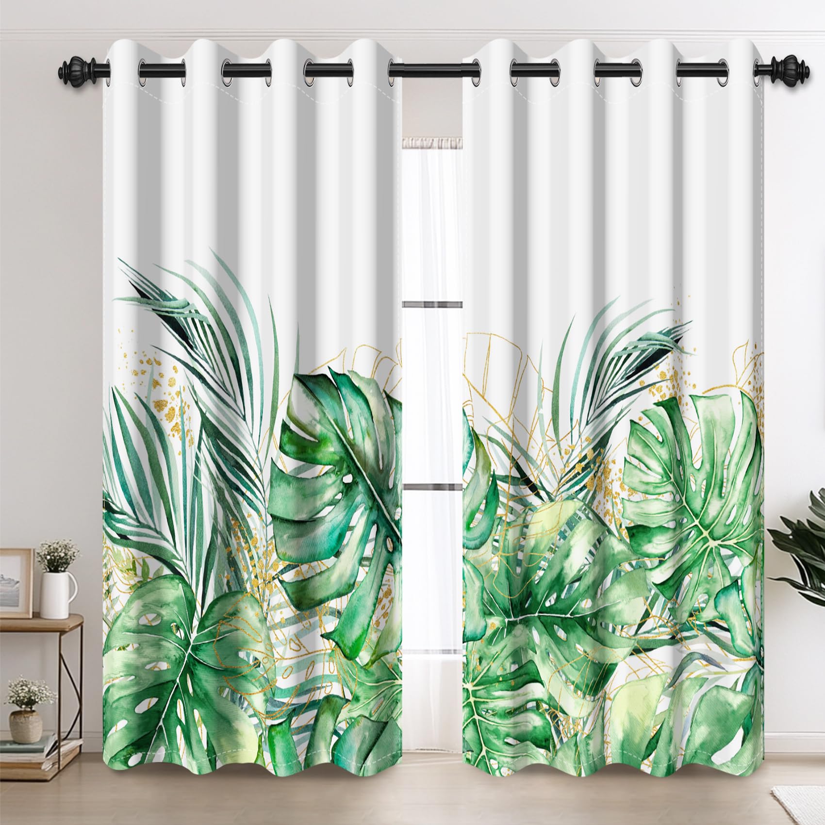 AOFOTO Tropical Monstera Palm Leaves Blackout Curtains 84 Inches Long 2 Panels for Bedroom/Living Room, Green Watercolor Botanical Abstract Art Window